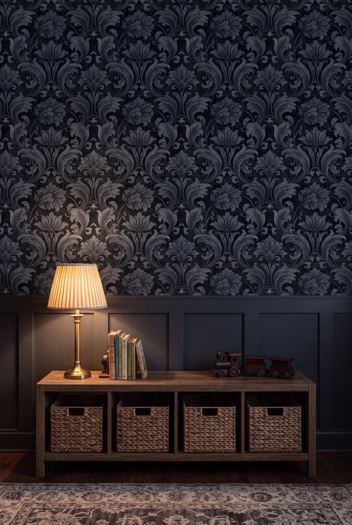 Slate Damask wallpaper shown in a kids room