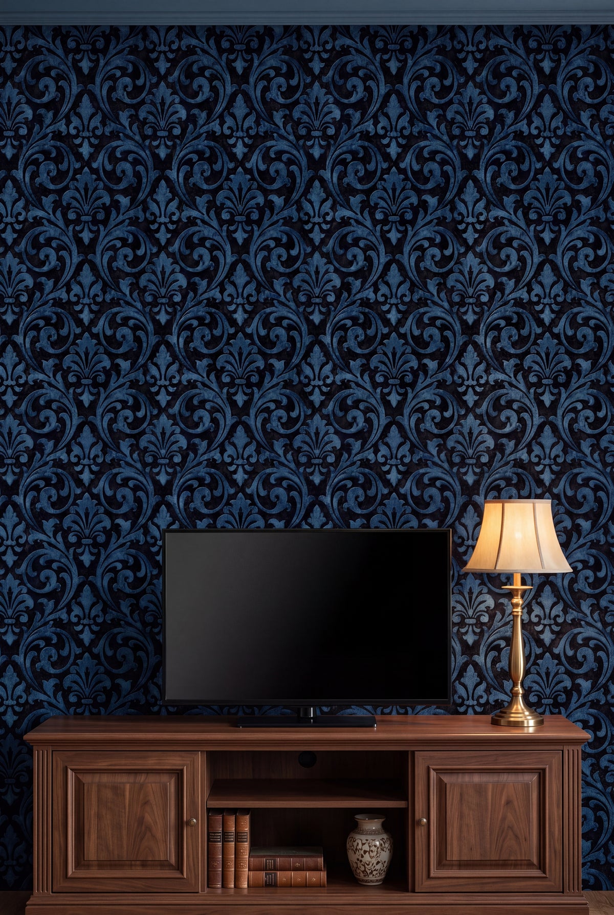 Cobalt Scrollwork wallpaper shown in a media room