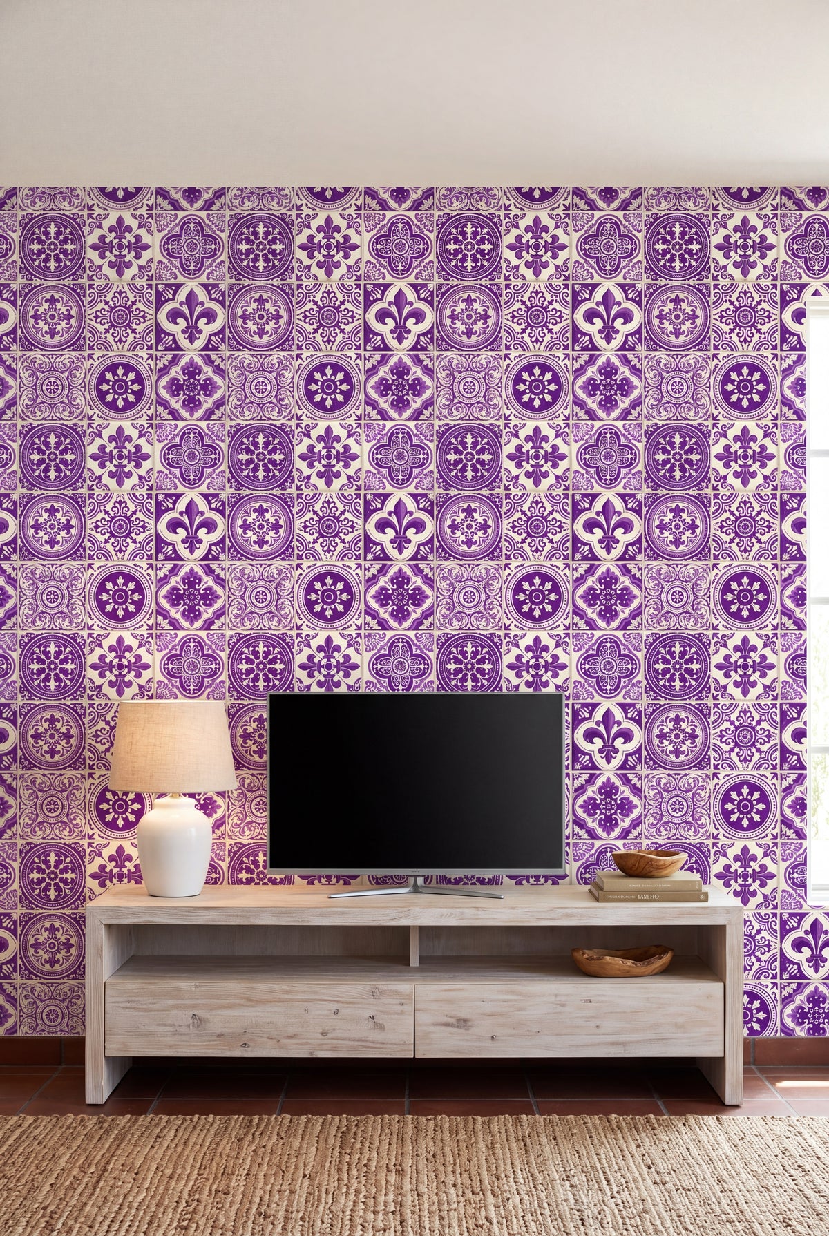 Lisbon Violet wallpaper shown in a media room