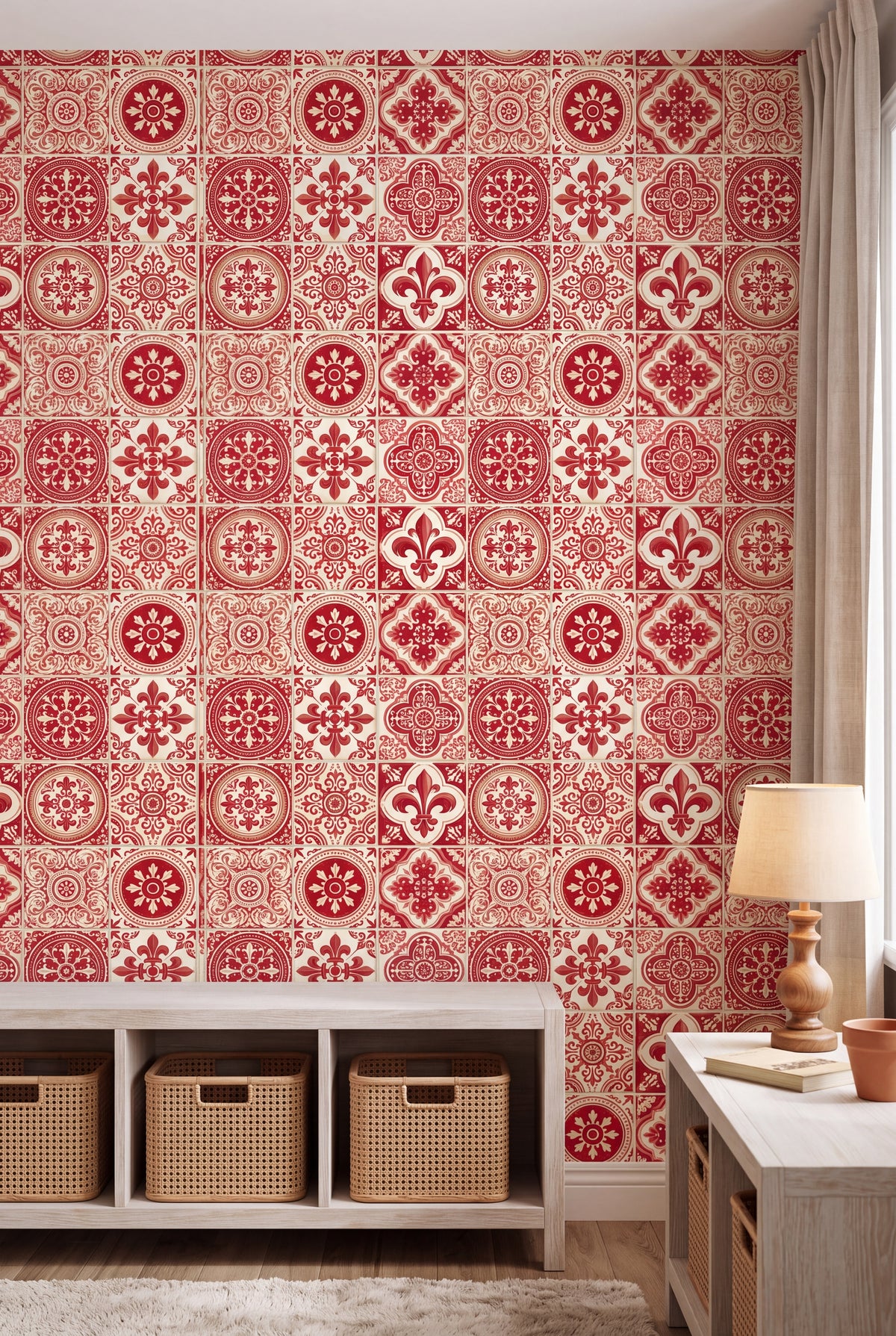 Lisbon Crimson wallpaper shown in a kids room