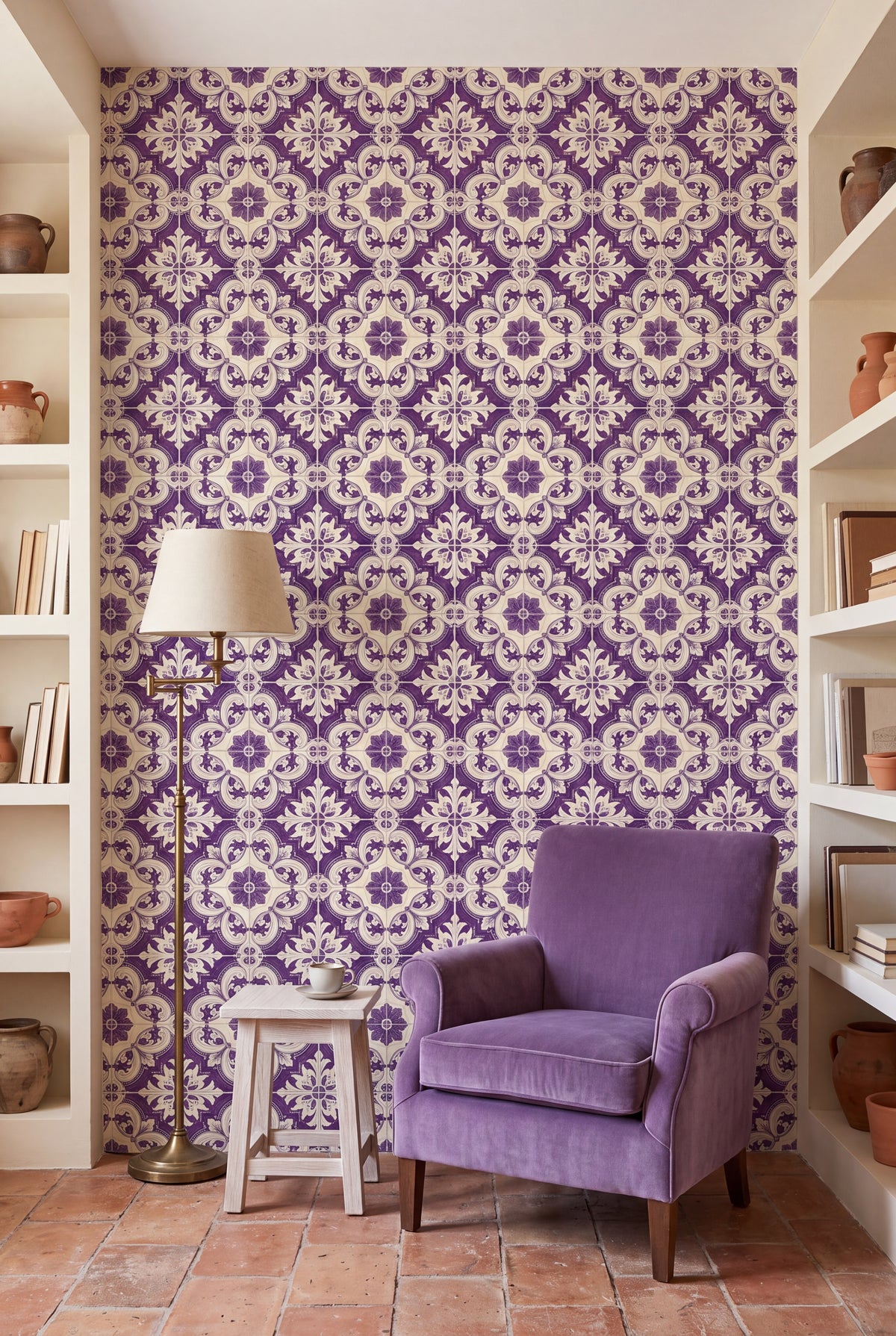Porto Violet wallpaper shown in a reading nook