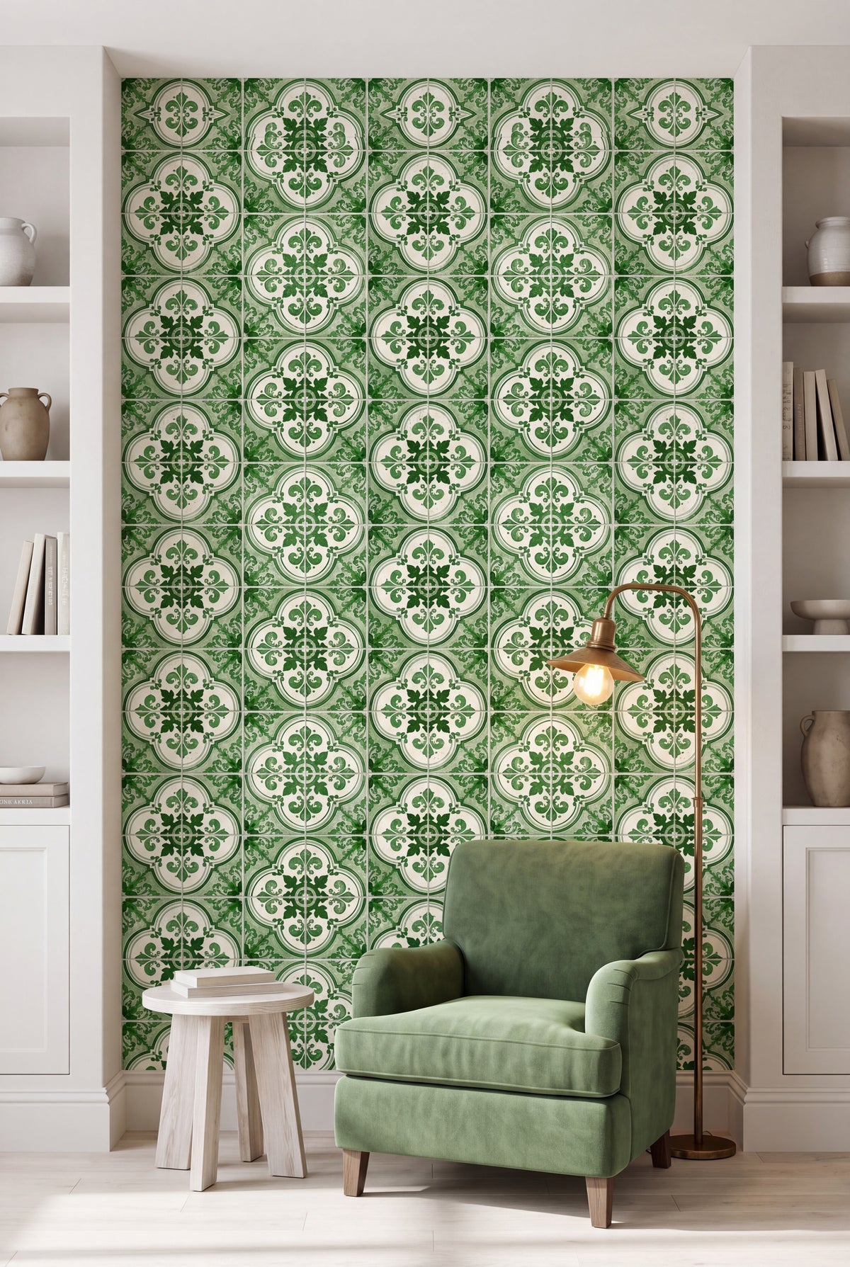 Sintra Green wallpaper shown in a reading nook