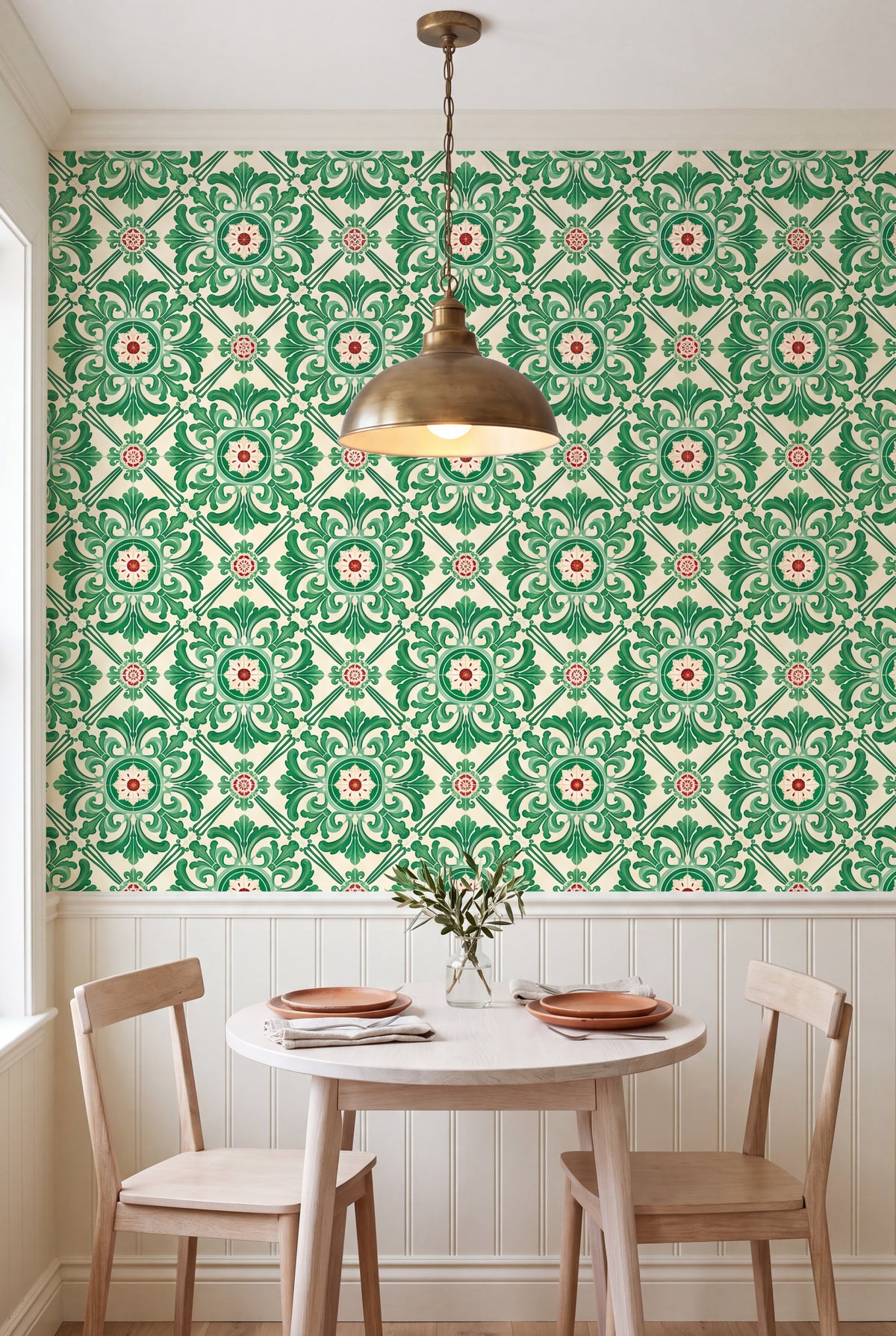Coimbra Green wallpaper shown in a kitchen breakfast nook