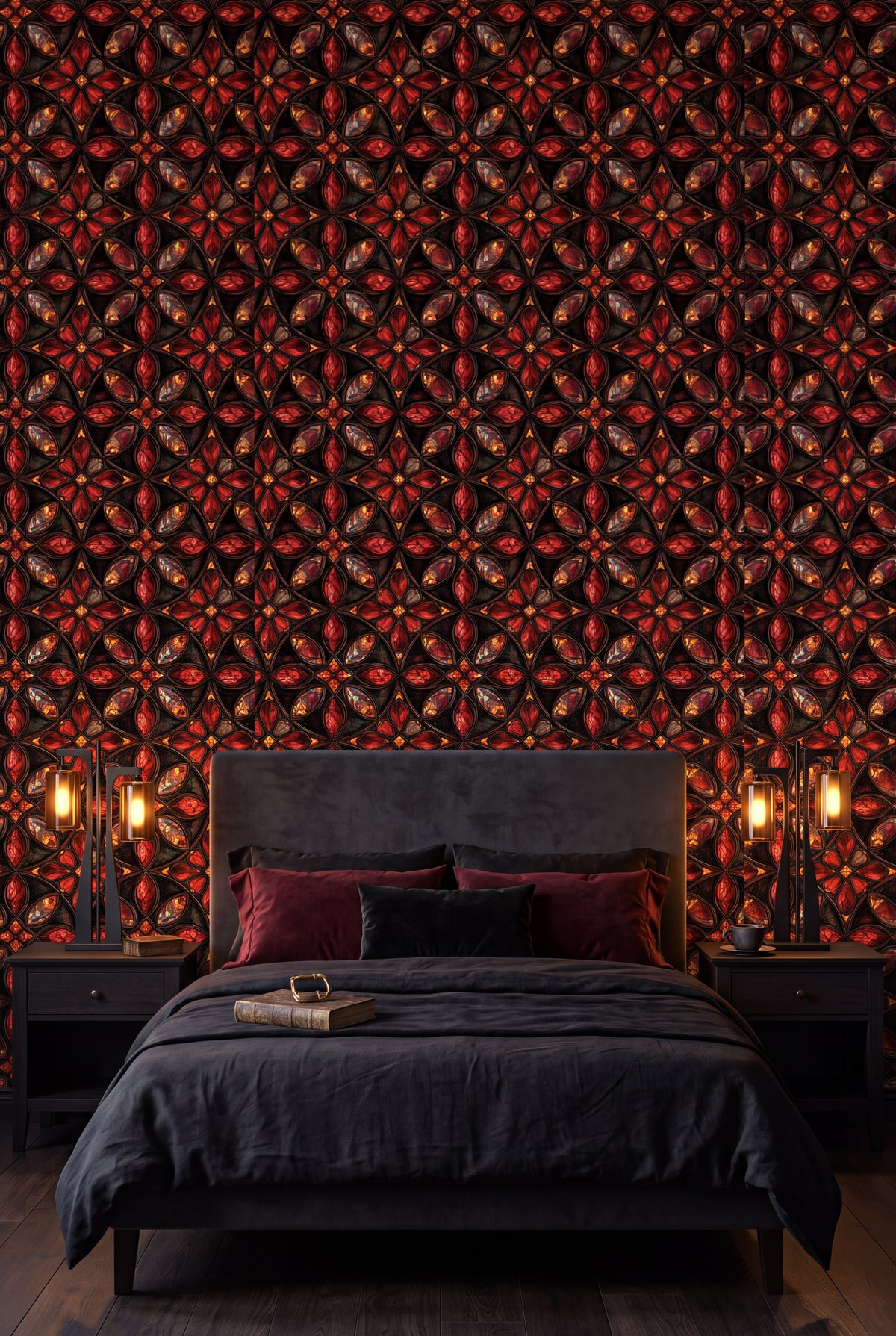 Crimson Quatrefoil wallpaper shown in a bedroom