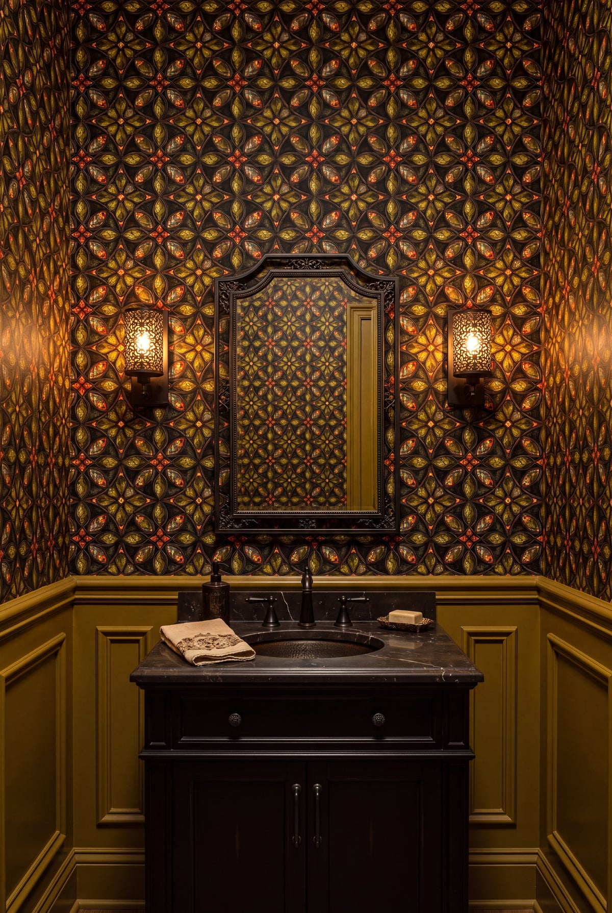 Topaz Quatrefoil wallpaper shown in a powder room