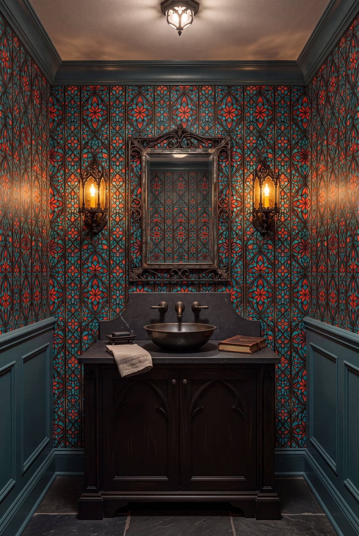 Cathedral Aqua wallpaper shown in a powder room