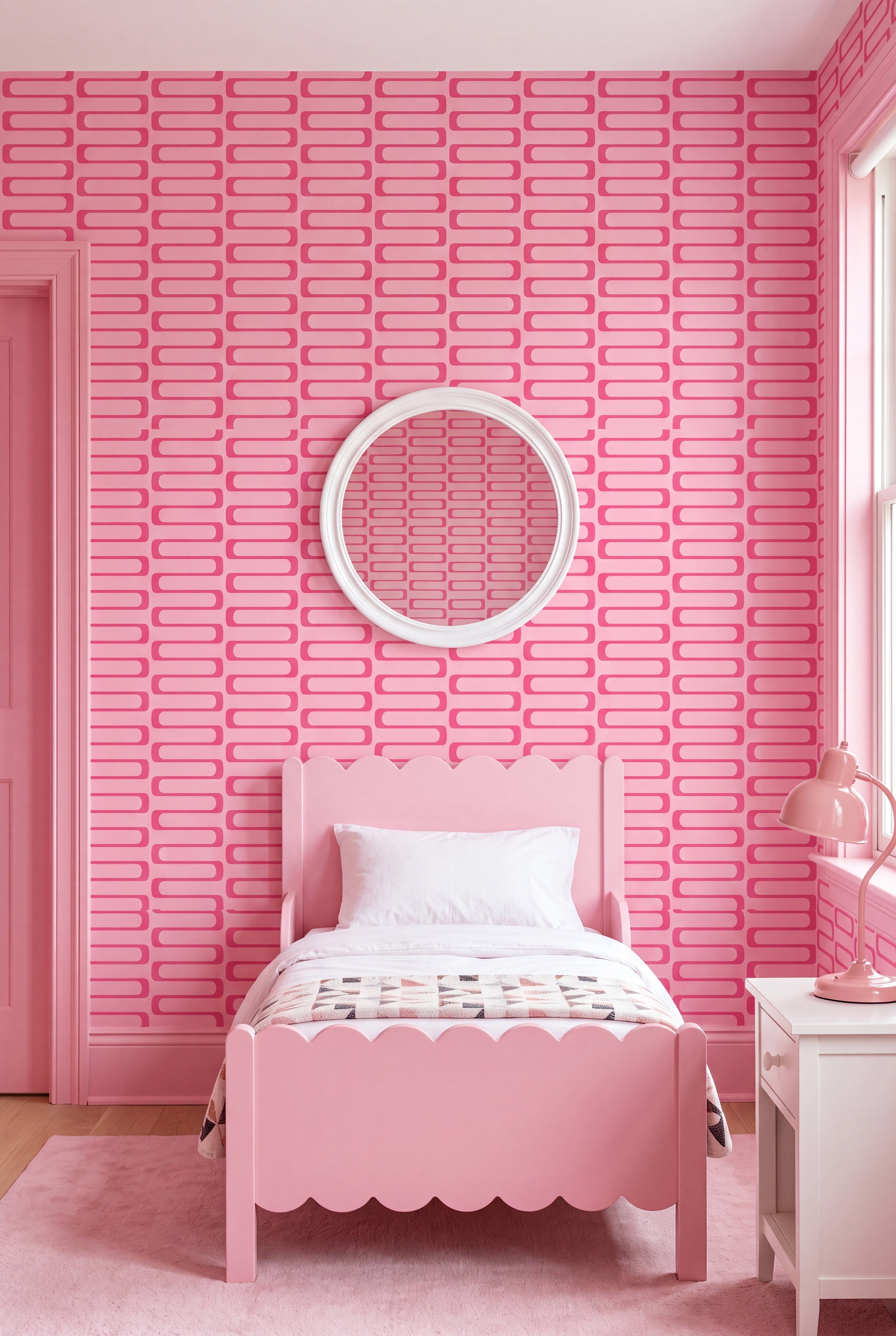 Palm Springs Pink wallpaper shown in a kids' room