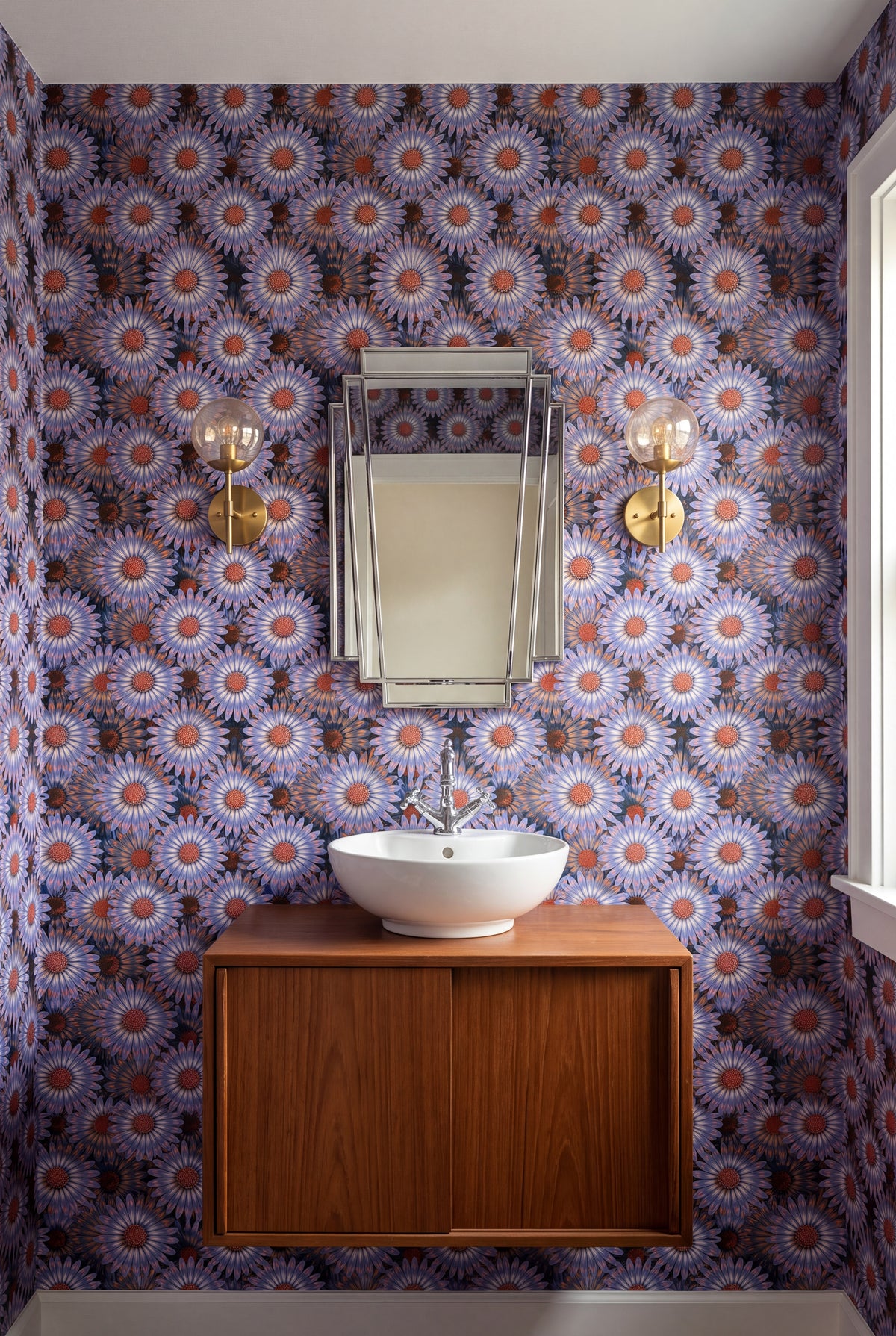 Periwinkle Daisy wallpaper shown in a powder room