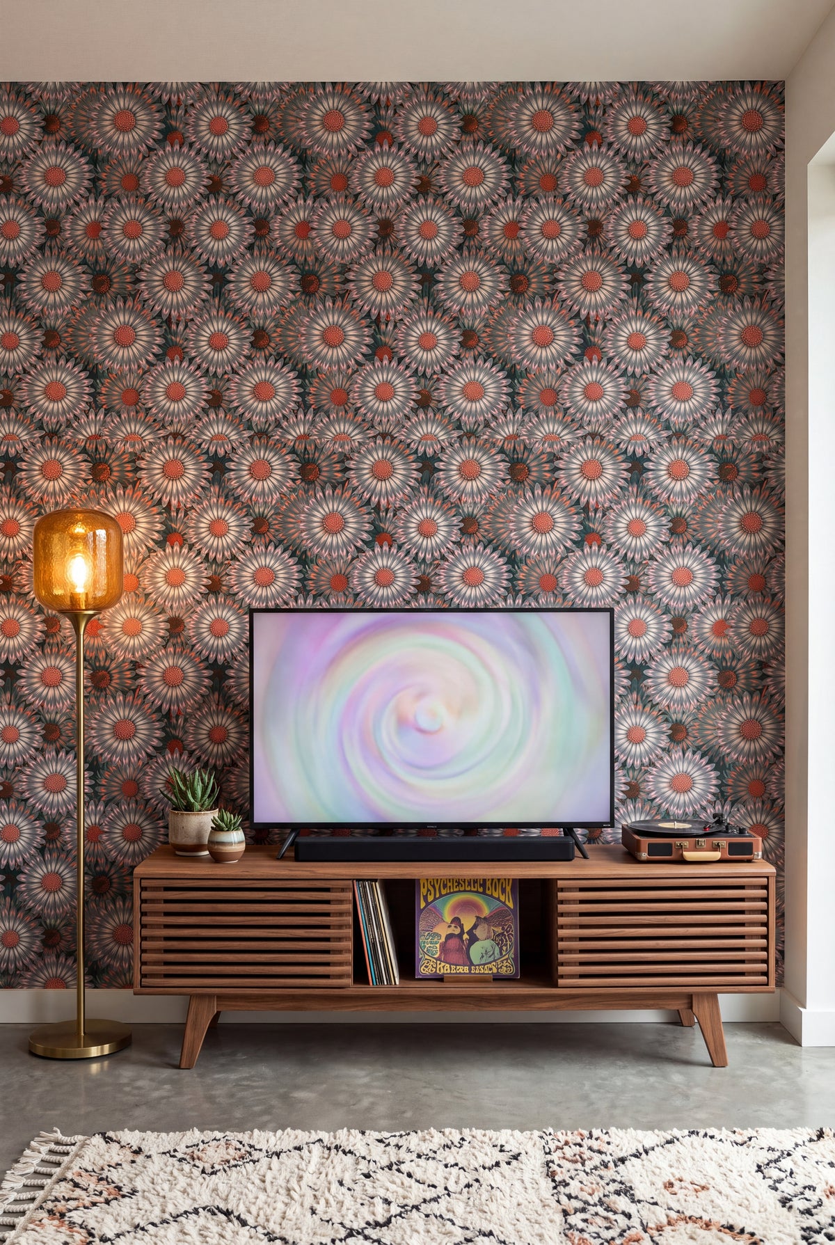 Sage Daisy wallpaper shown in a media room