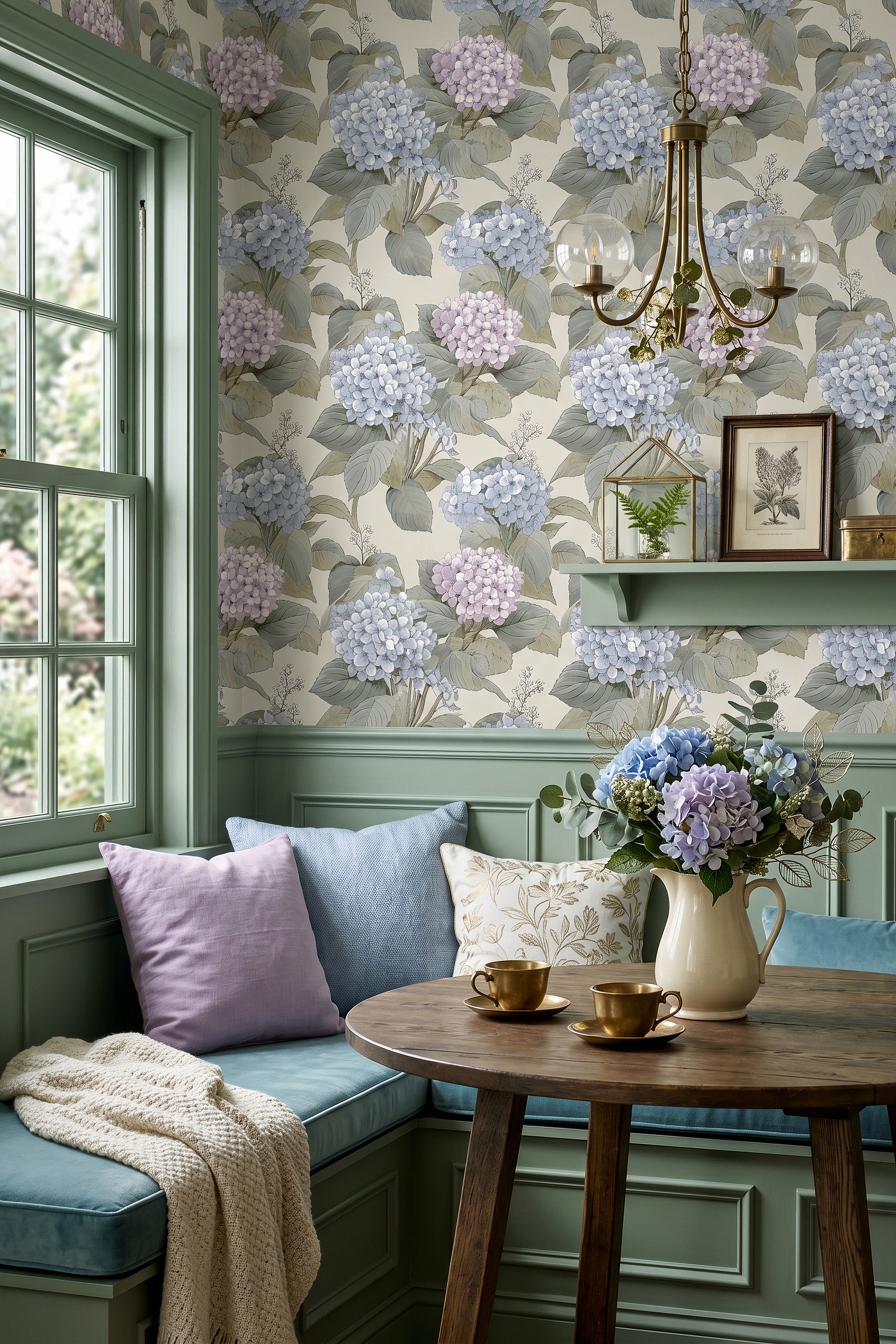 Hydrangea Lane wallpaper shown in a cozy nook