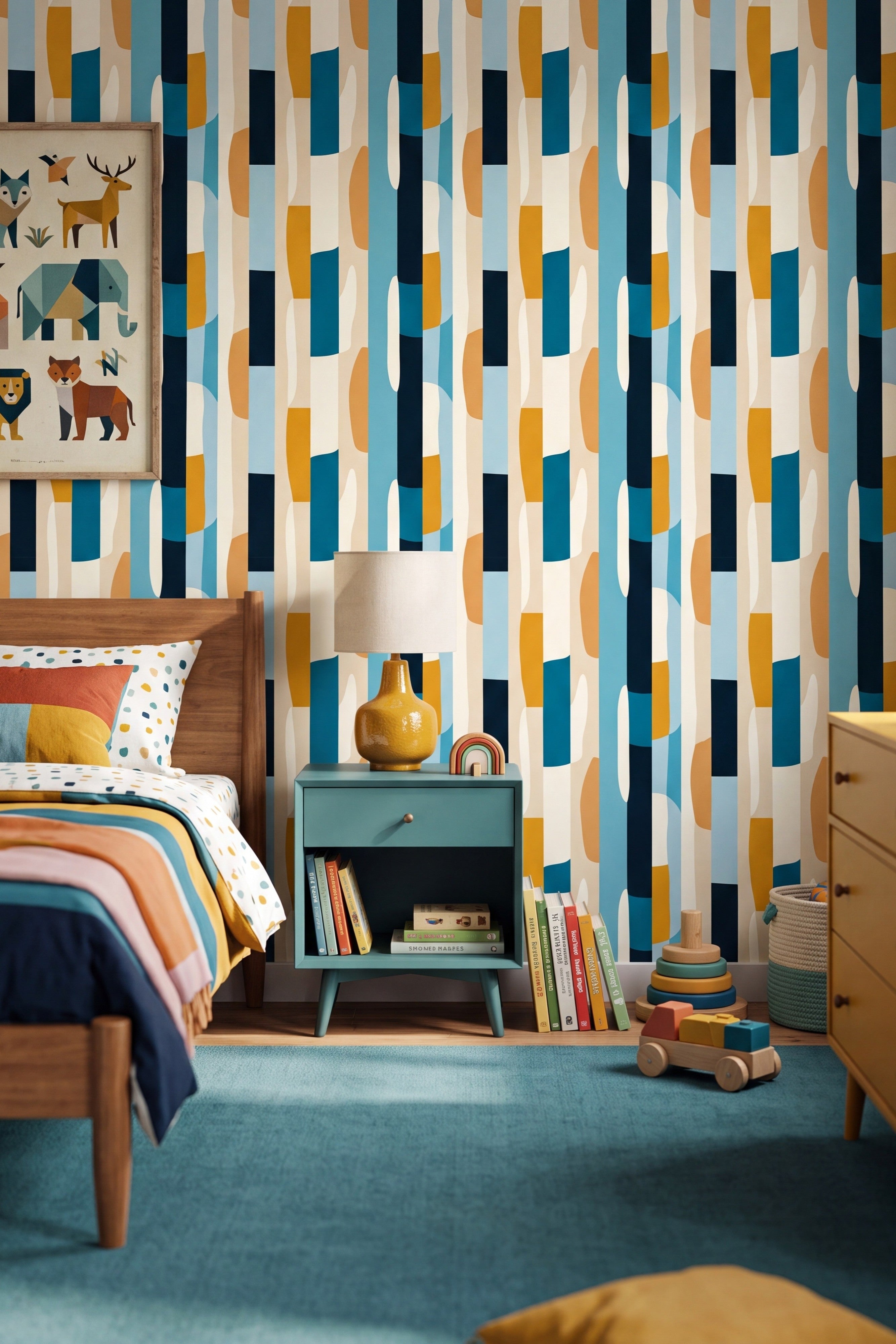 Mod Block wallpaper shown in a kids room