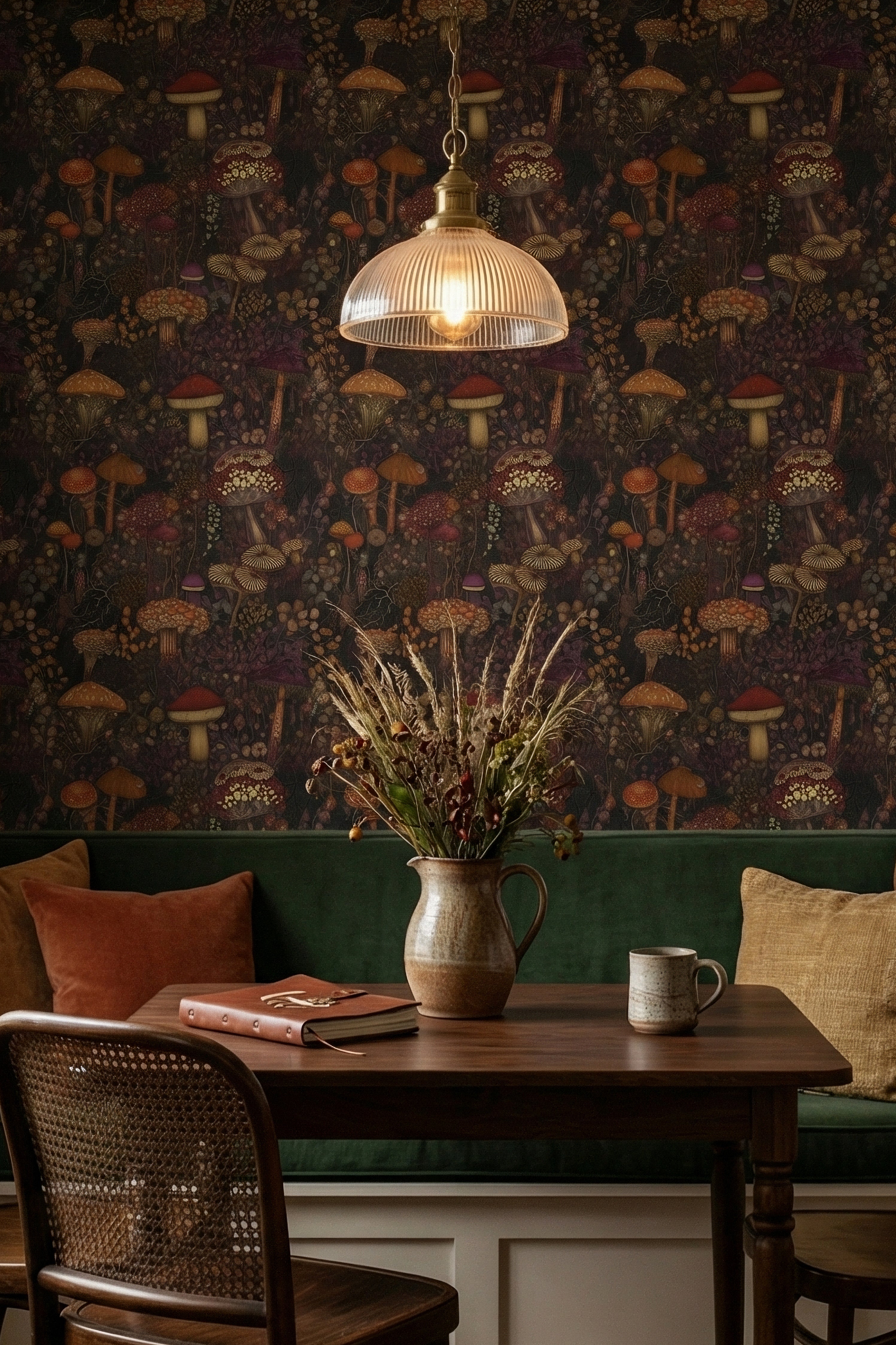 Midnight Forage wallpaper shown in a cozy nook