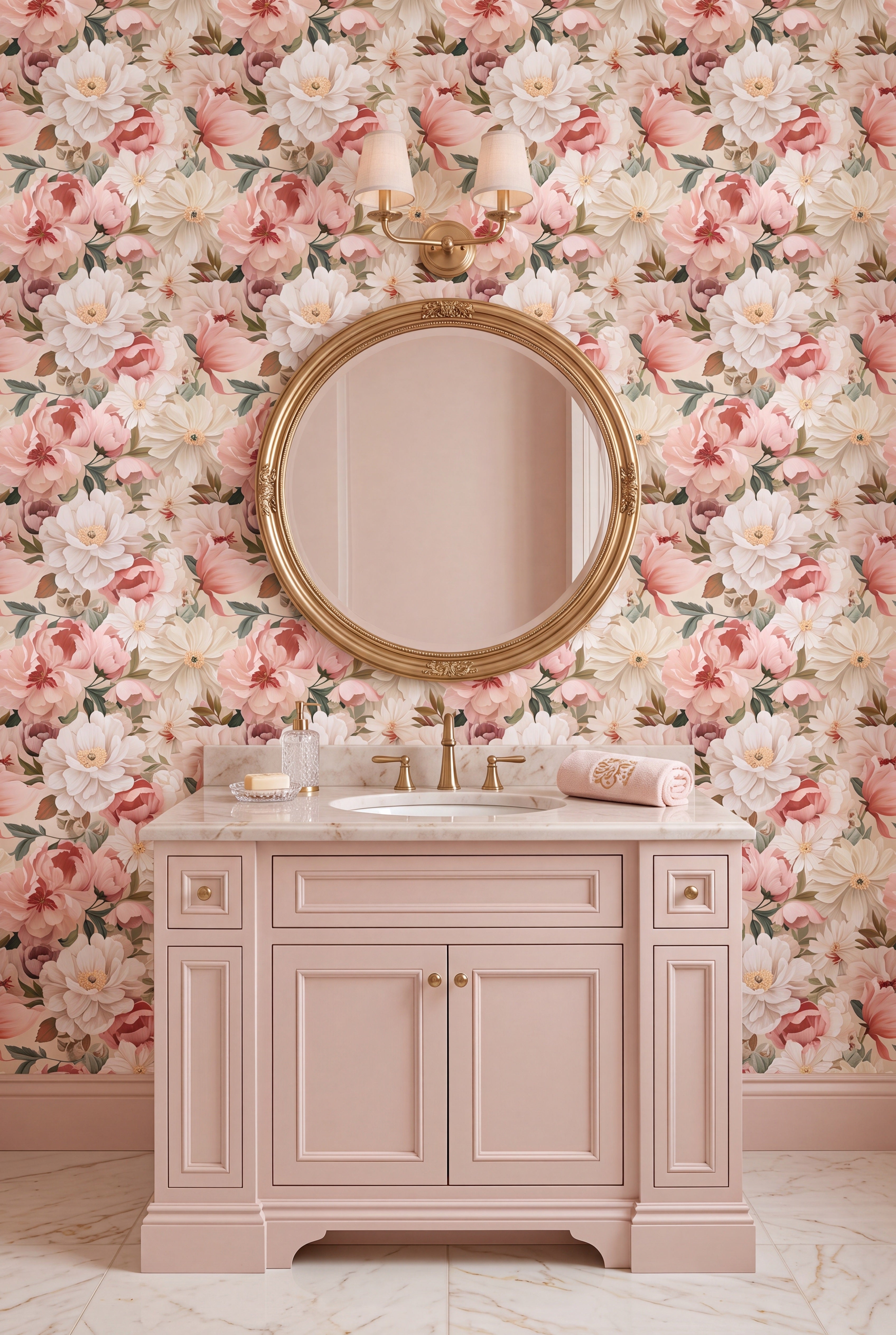 Moody Blush wallpaper shown in a powder room