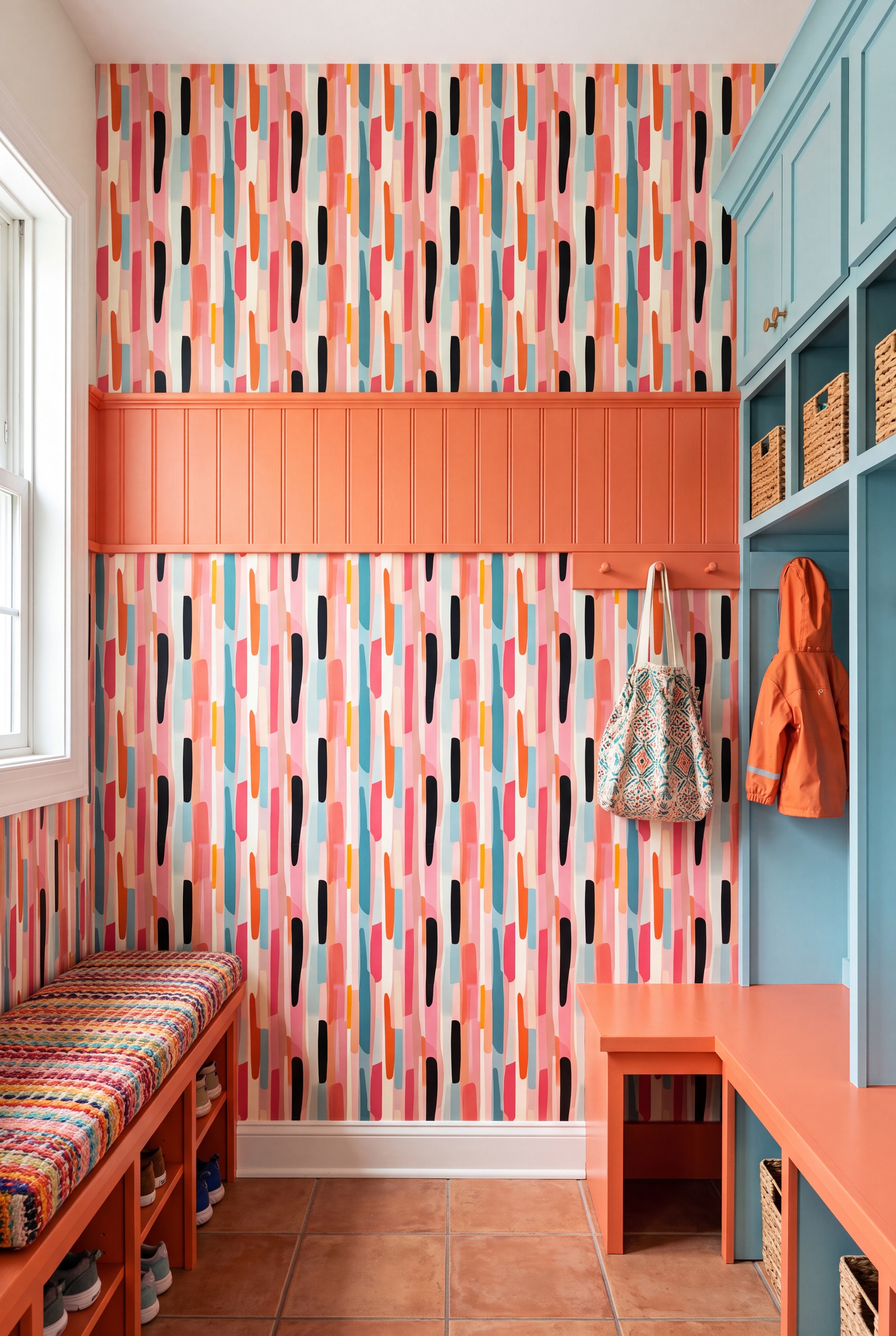 Jukebox Stripe wallpaper shown in a mudroom