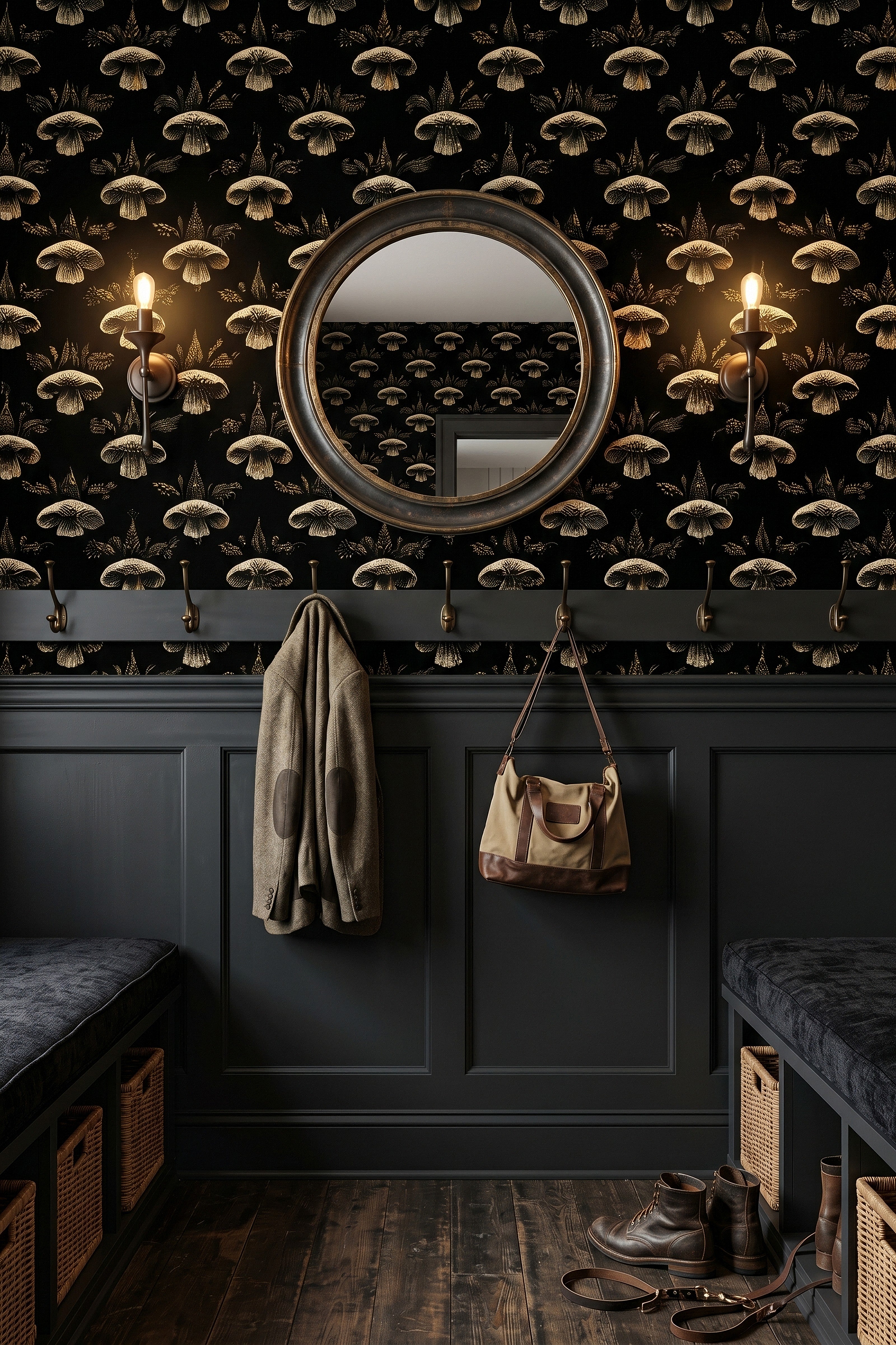 Spore Study wallpaper shown in a mudroom