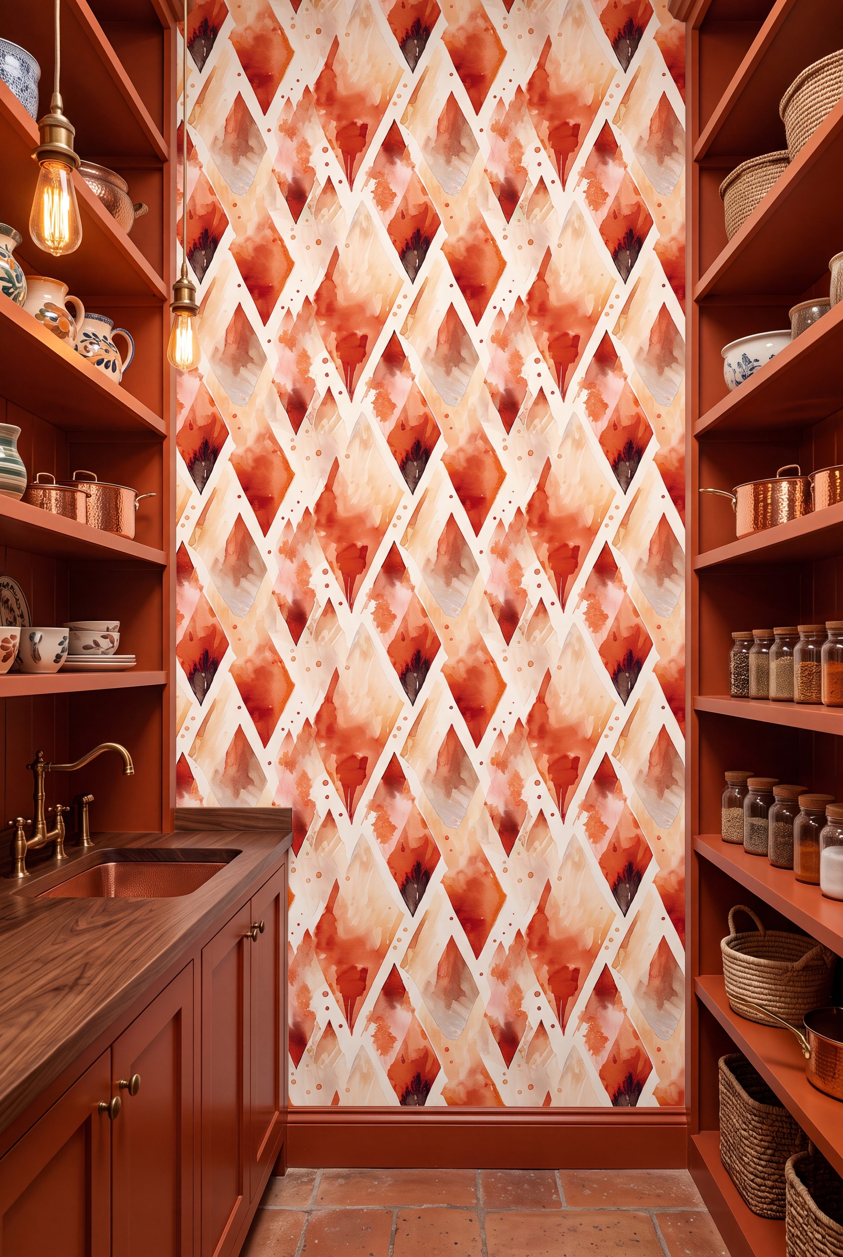 Harlequin Clay wallpaper shown in a pantry