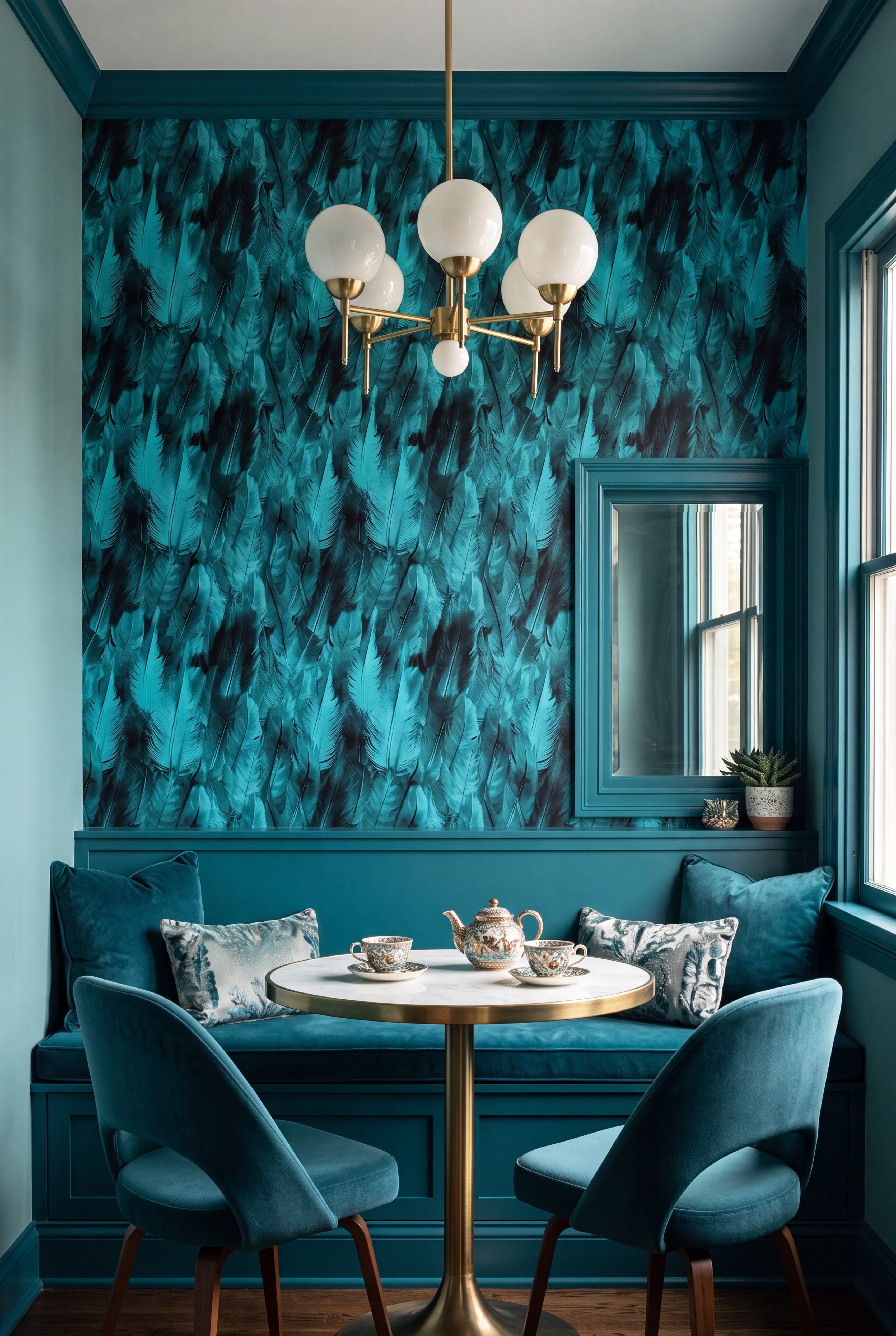 Lagoon Plume wallpaper shown in a cozy nook
