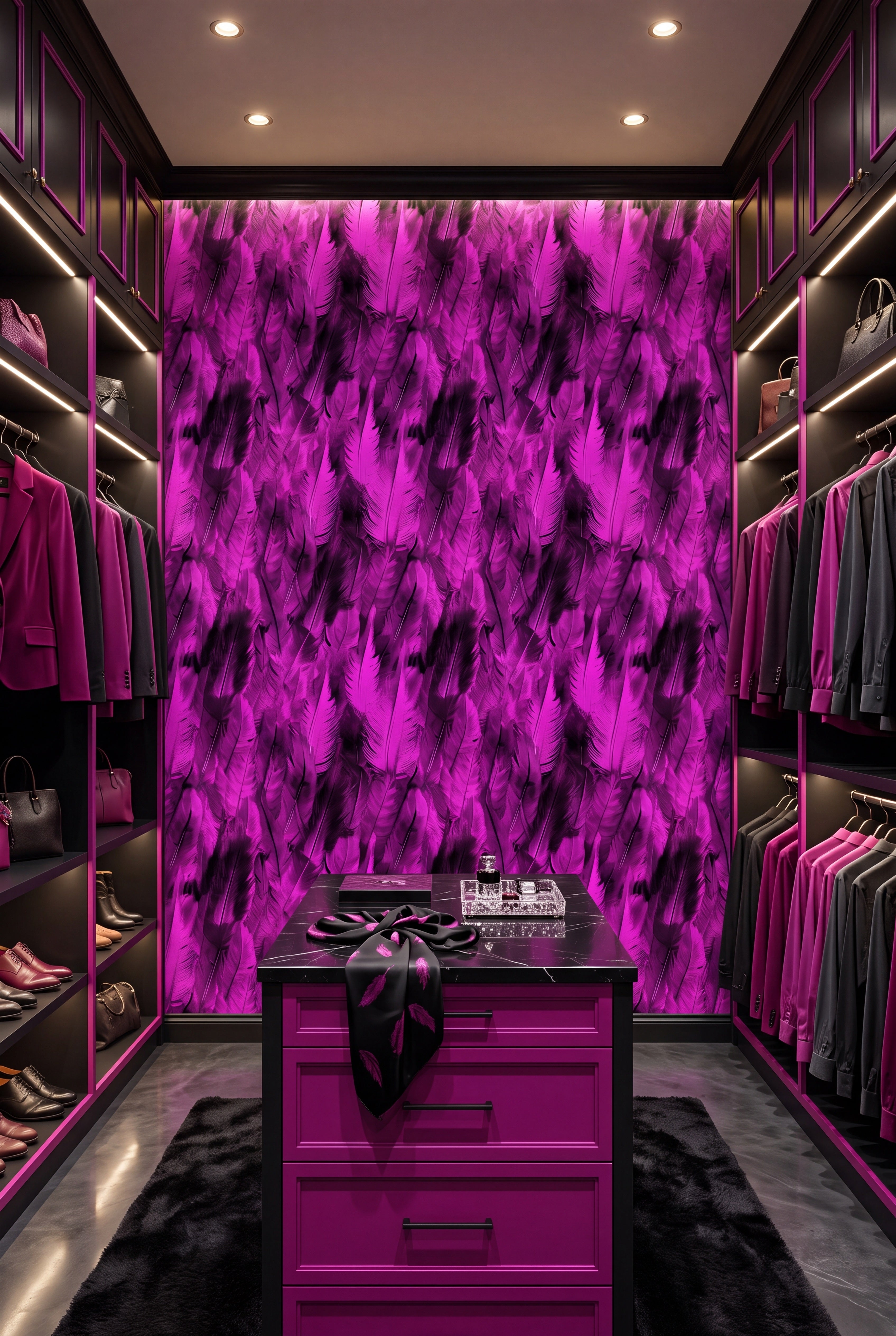 Fuchsia Flight wallpaper shown in a closet