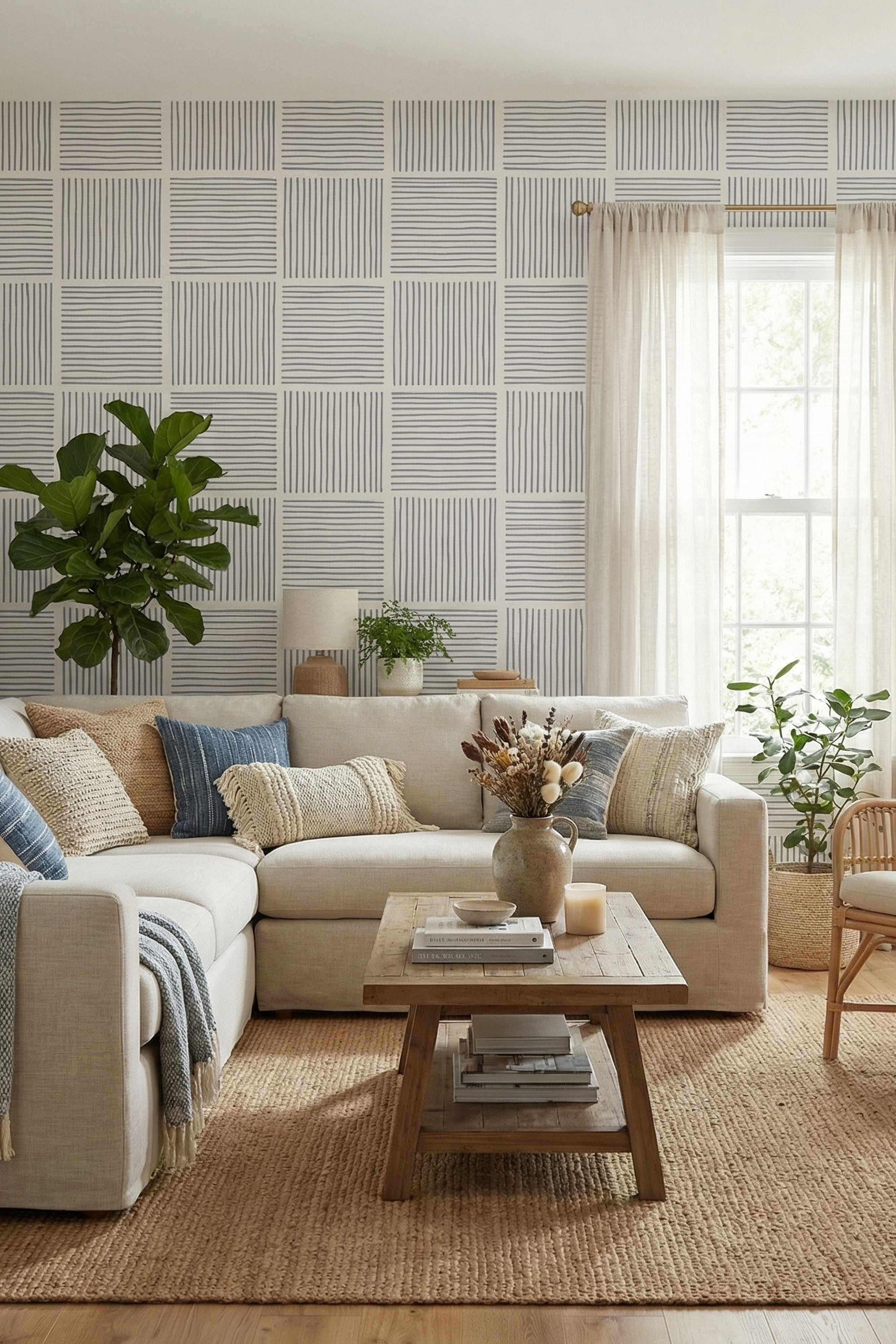 Boardwalk Stripe wallpaper shown in a styled room