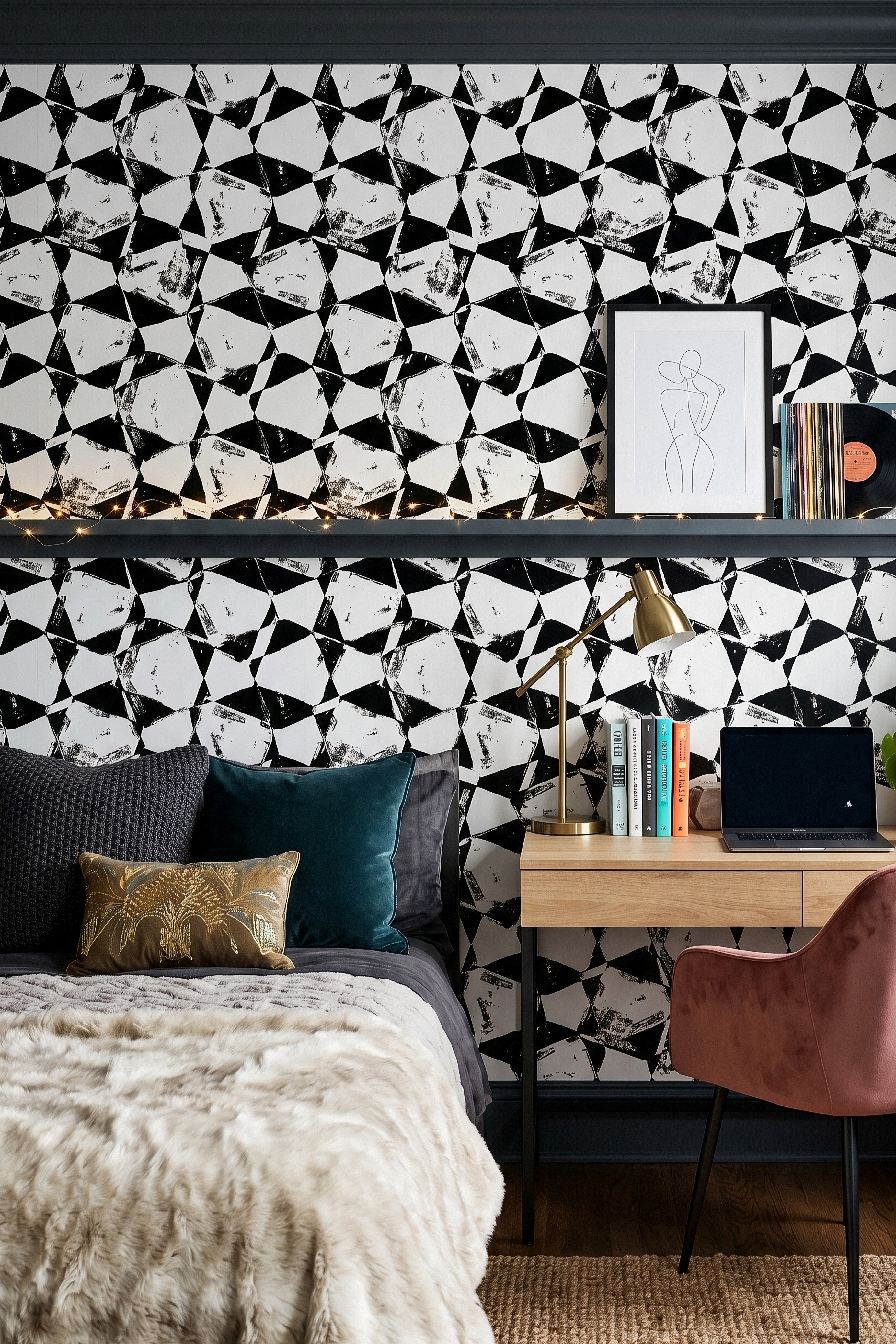 Scribble wallpaper shown in a bedroom