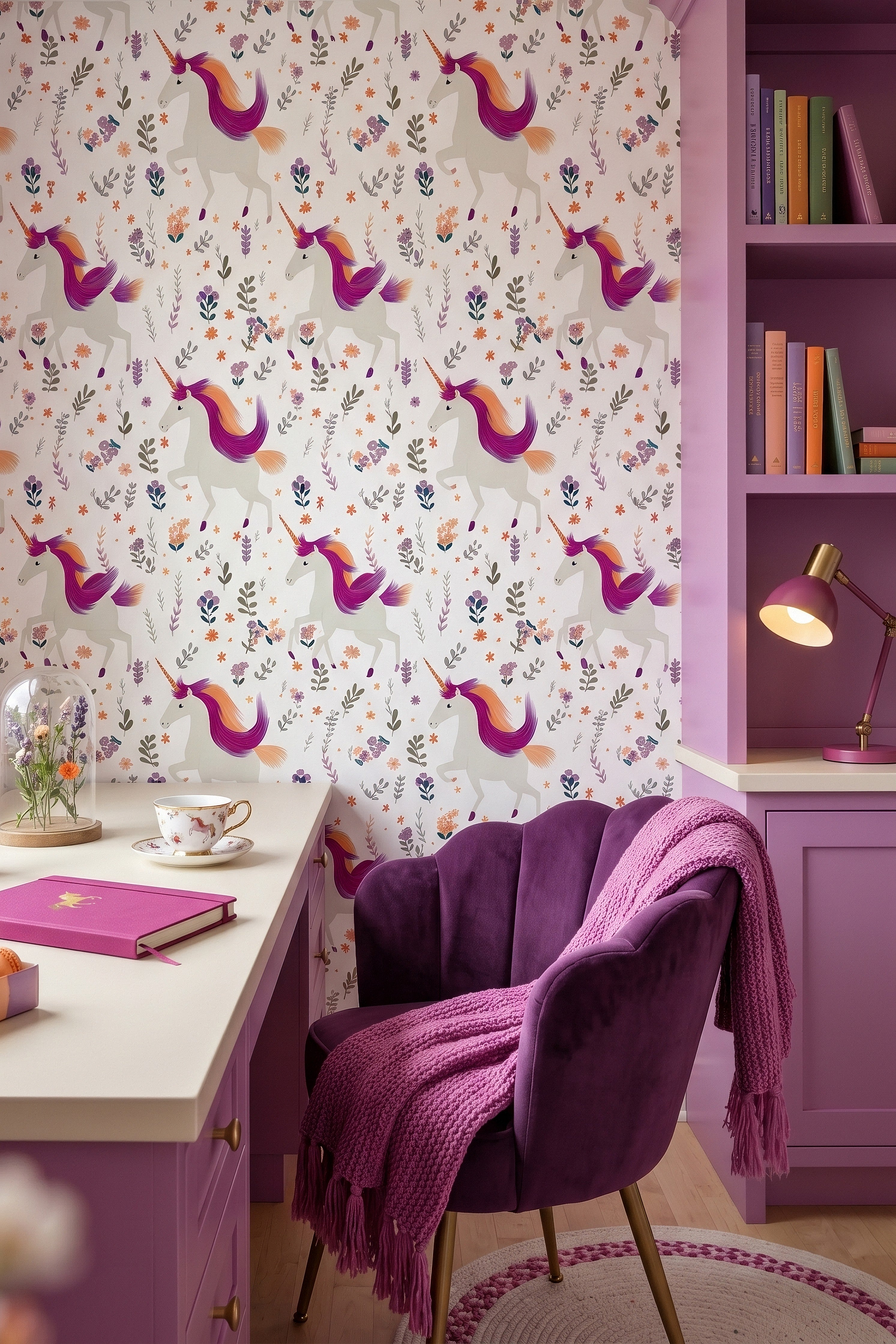 Unicorn Meadow wallpaper shown in a home office