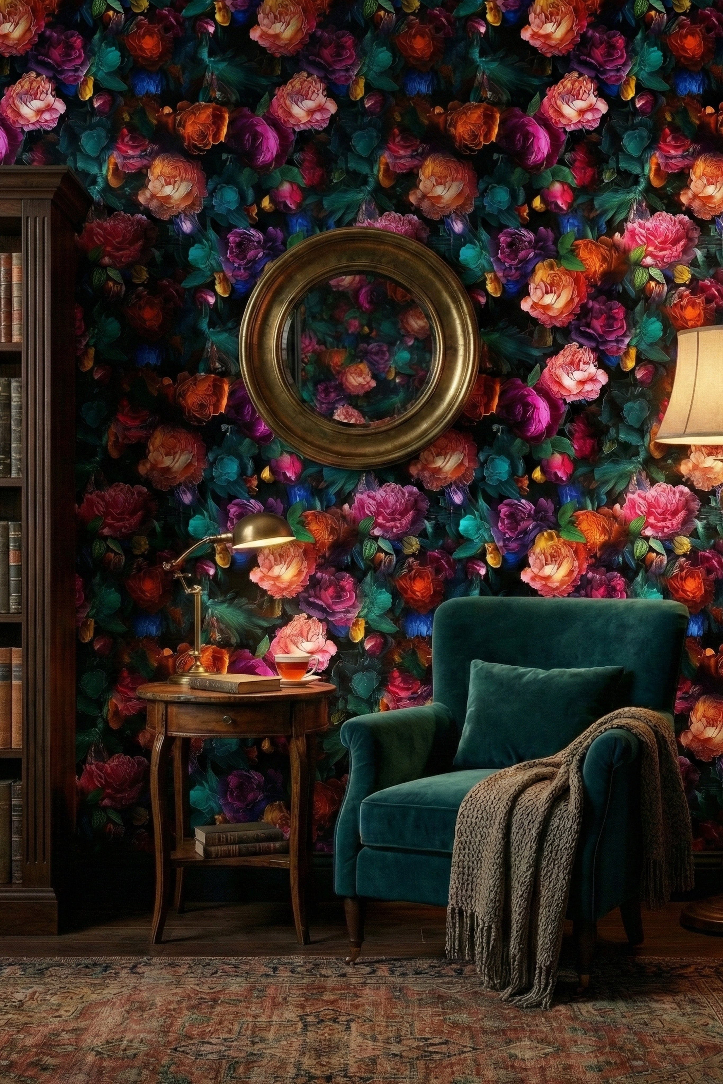 Opulence wallpaper shown in a reading corner