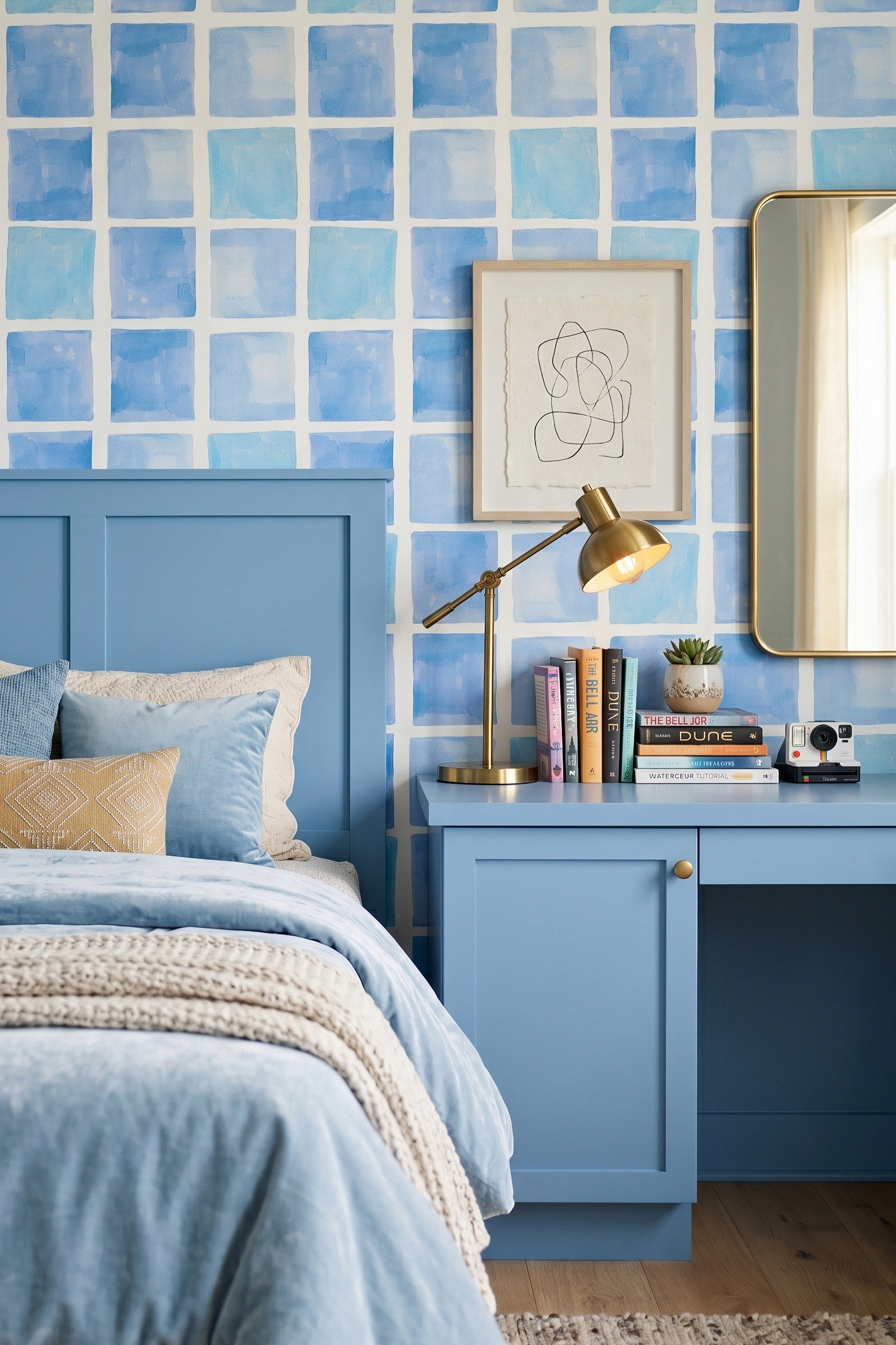 Bathhouse Blue wallpaper shown in a bedroom