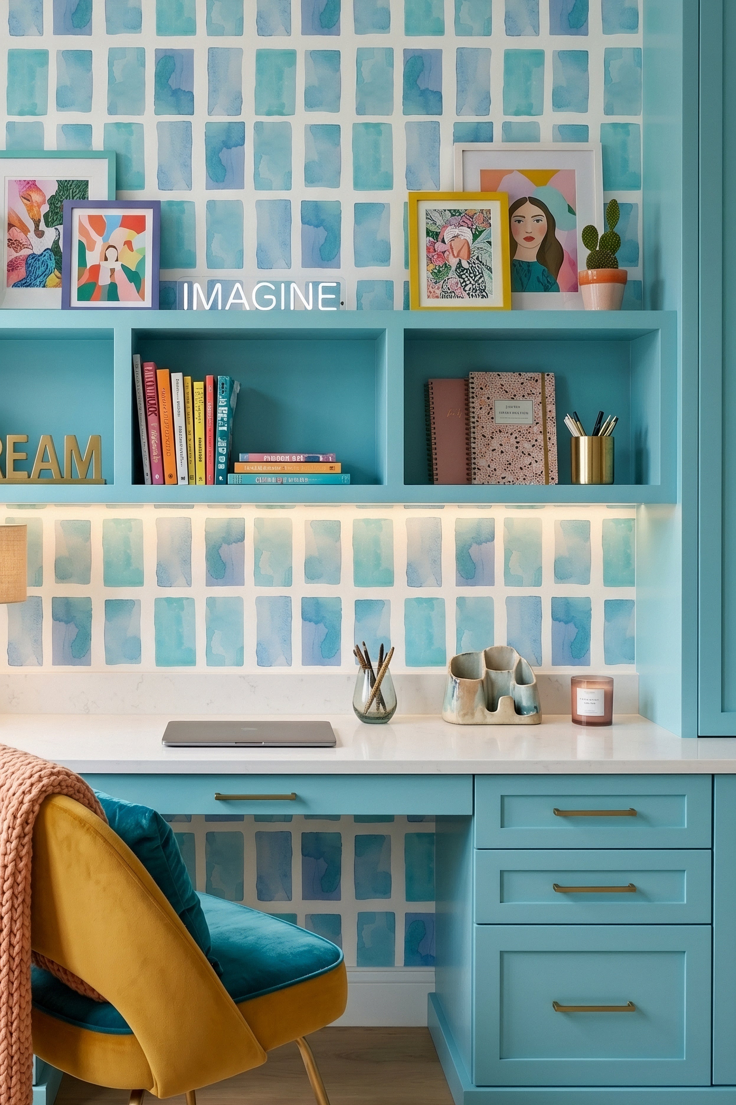 Mosaic Tide wallpaper shown in a home office