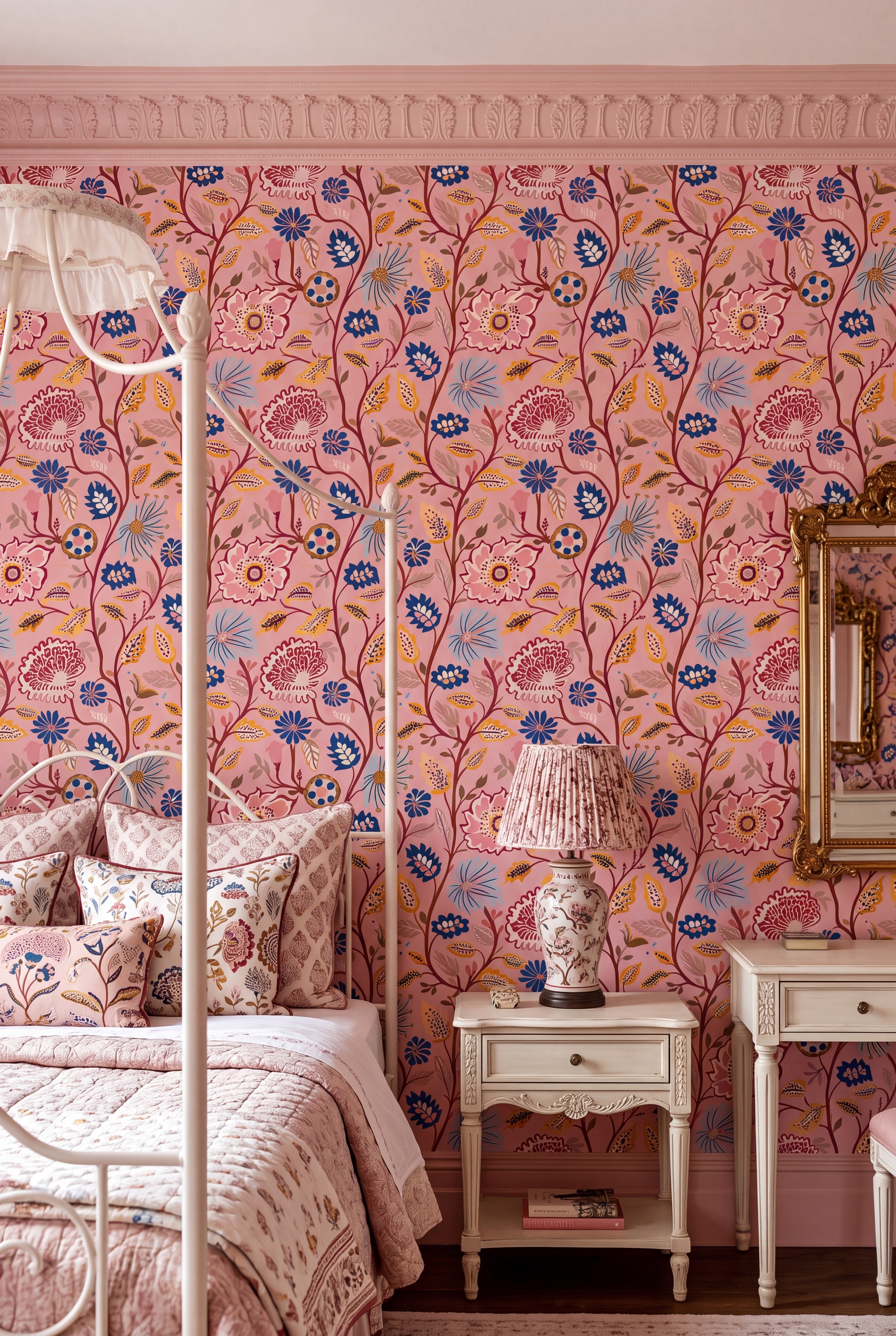 Rosewater Manor wallpaper shown in a bedroom