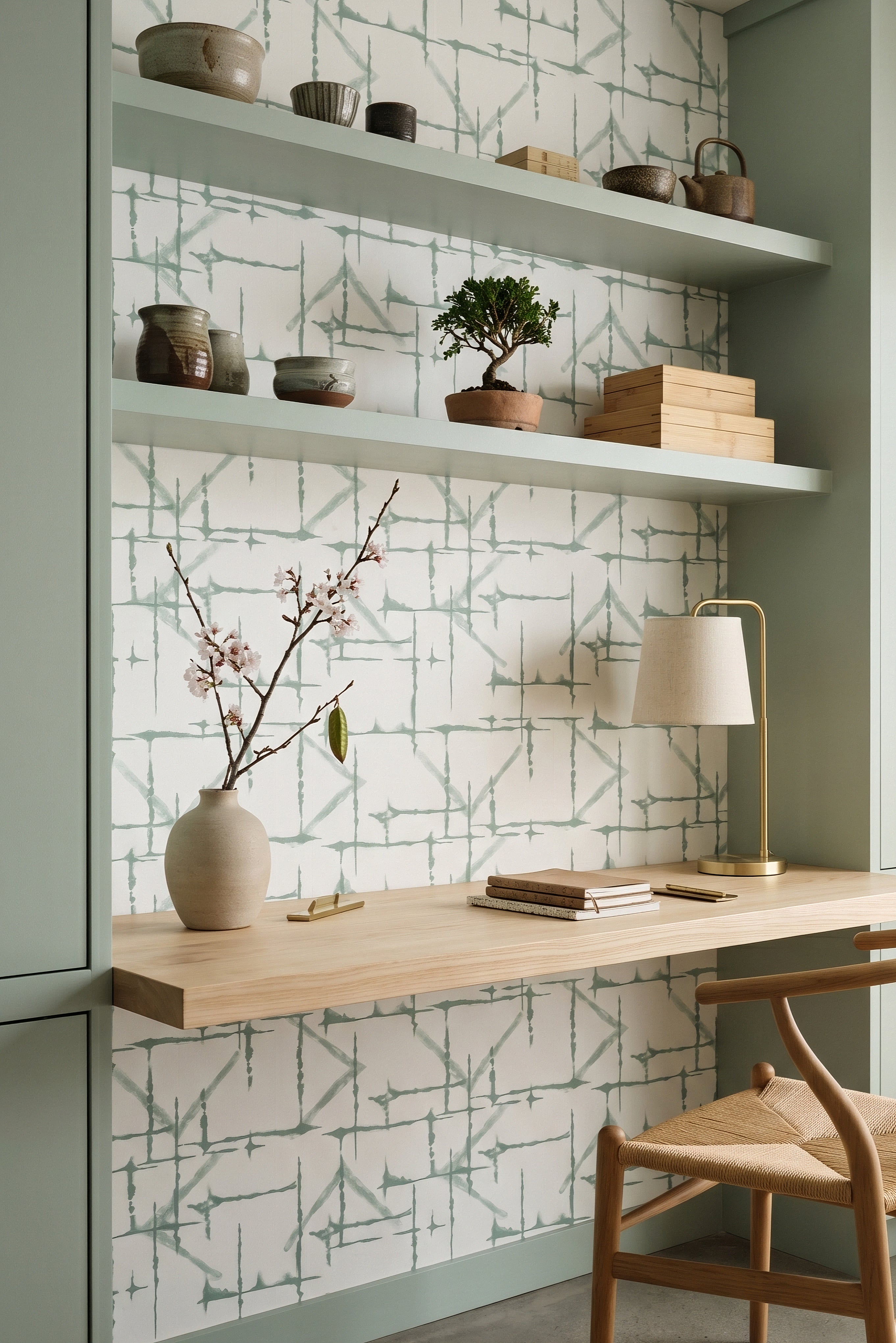 Kyoto Sage wallpaper shown in a home office