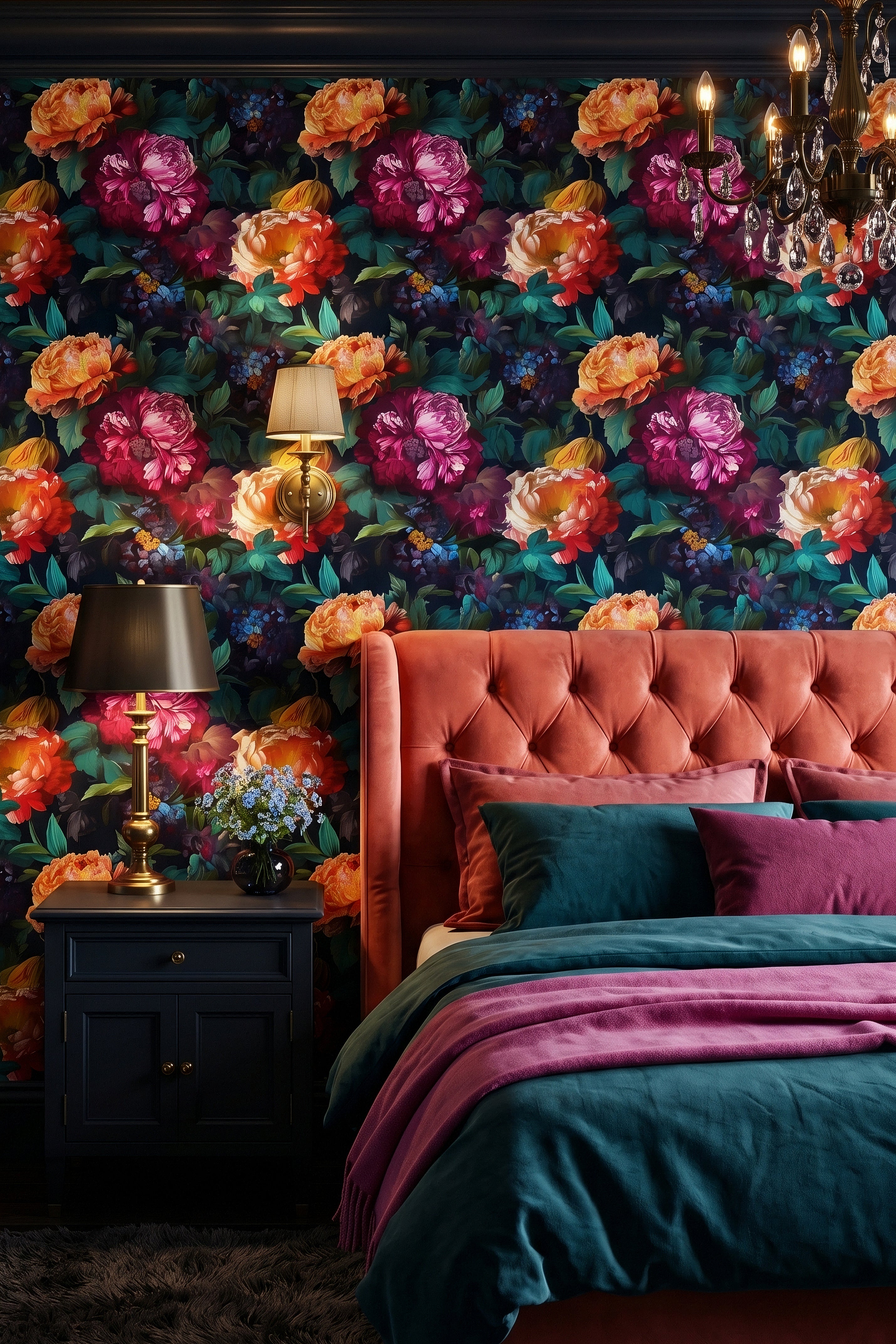 Moonflower wallpaper shown in a bedroom