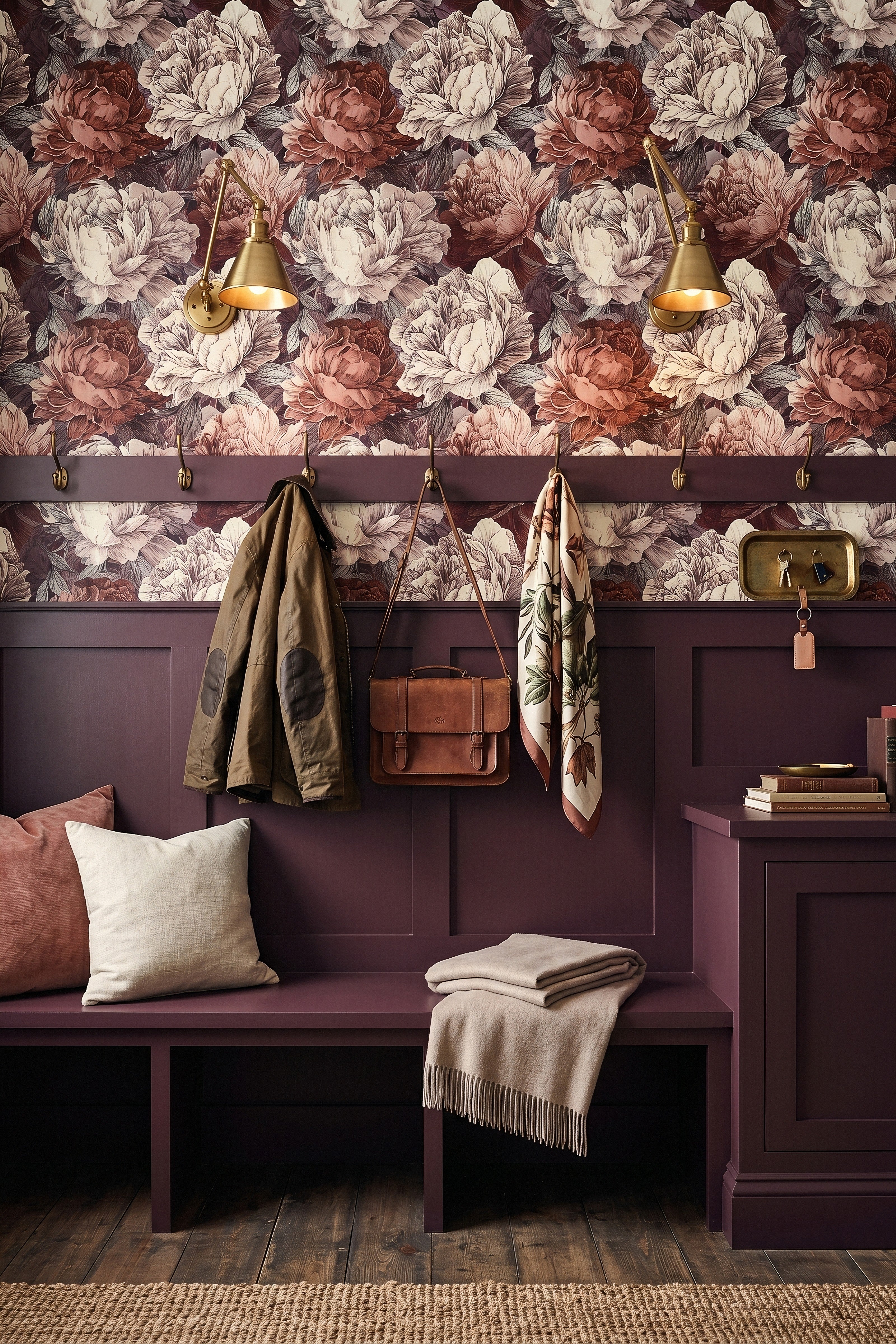 Phantom Peony wallpaper shown in a mudroom