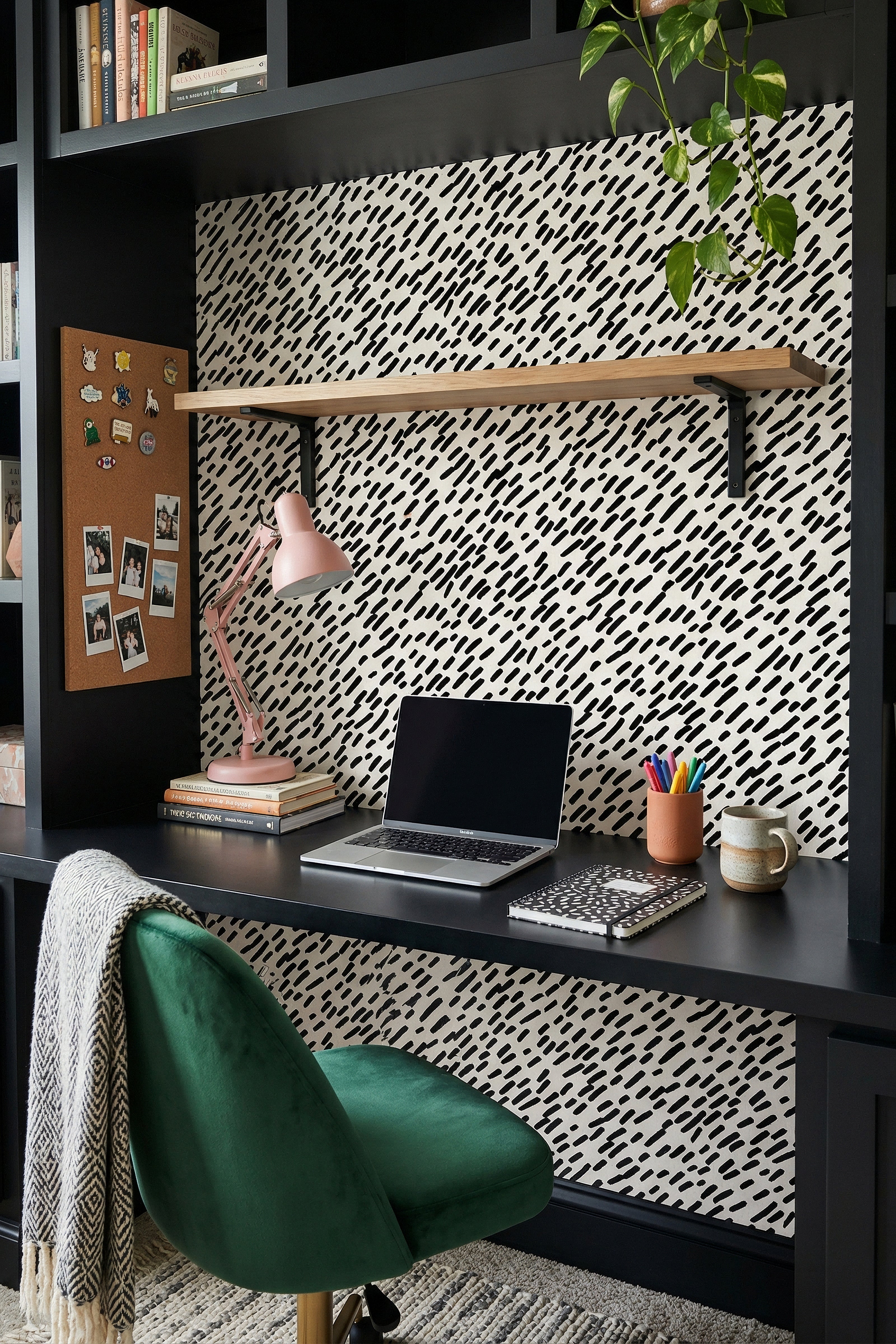 Brushstroke wallpaper shown in a home office