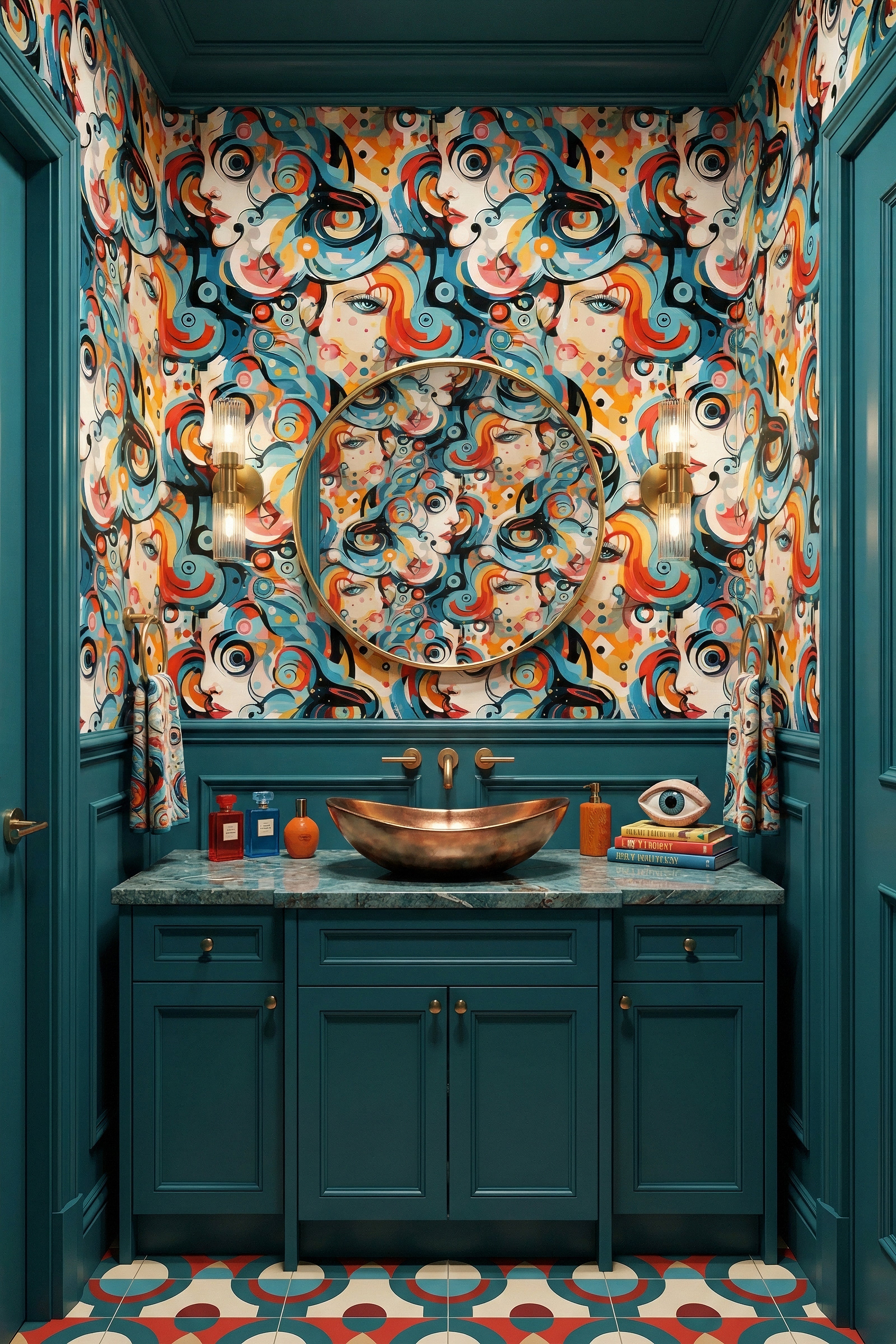 Face Value wallpaper shown in a powder room