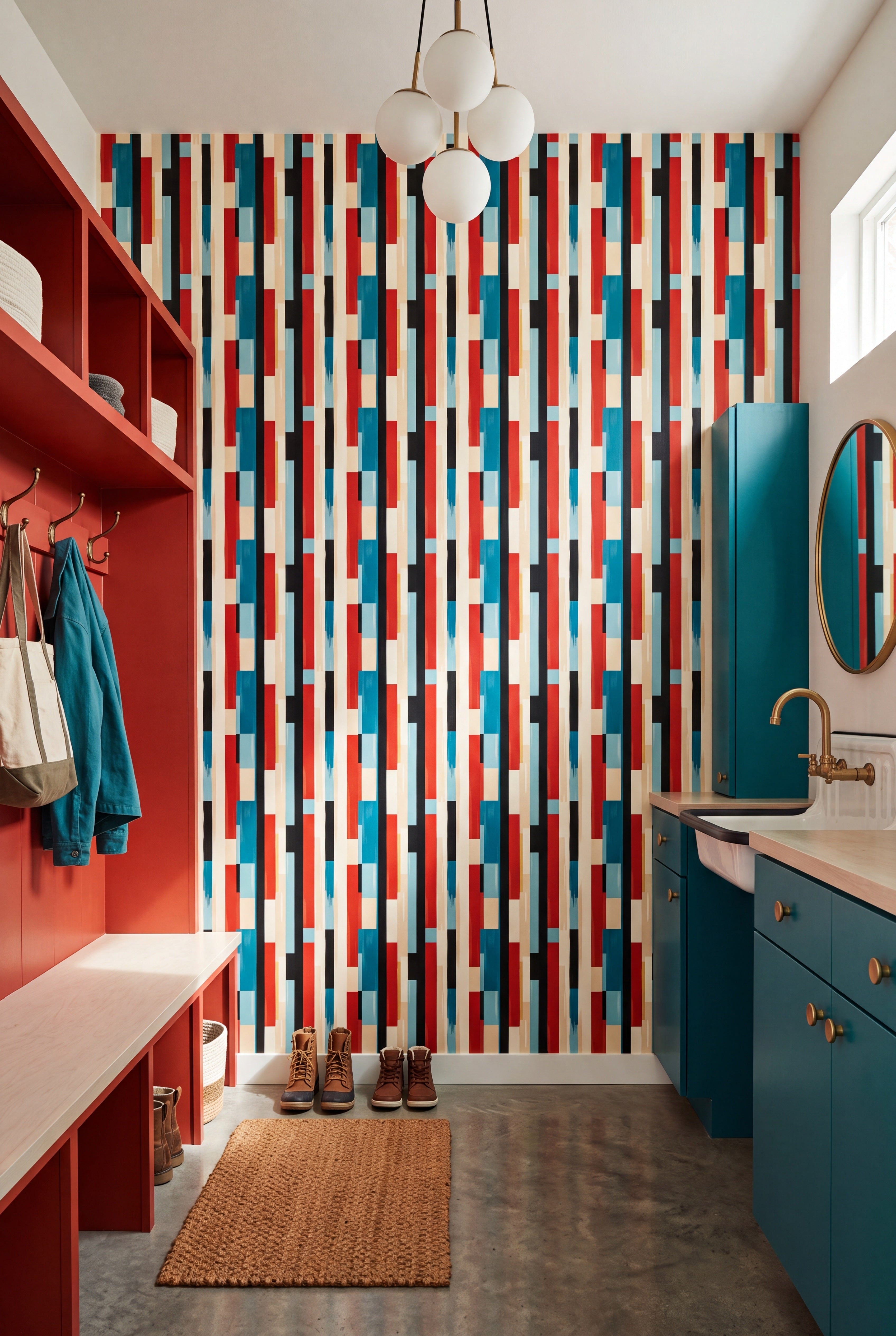 Mod Stripe wallpaper shown in a mudroom