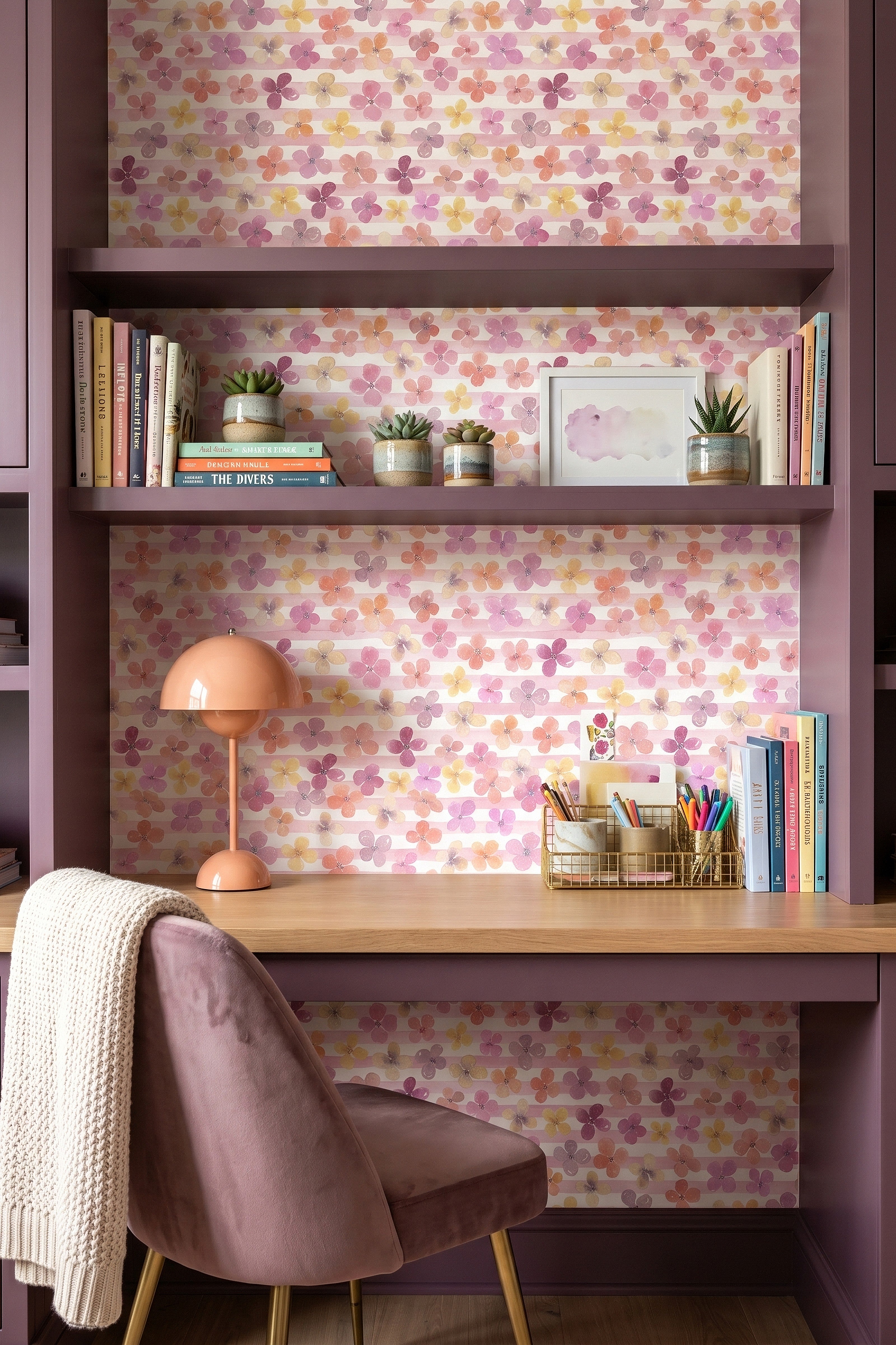 Garden Stripe wallpaper shown in a home office