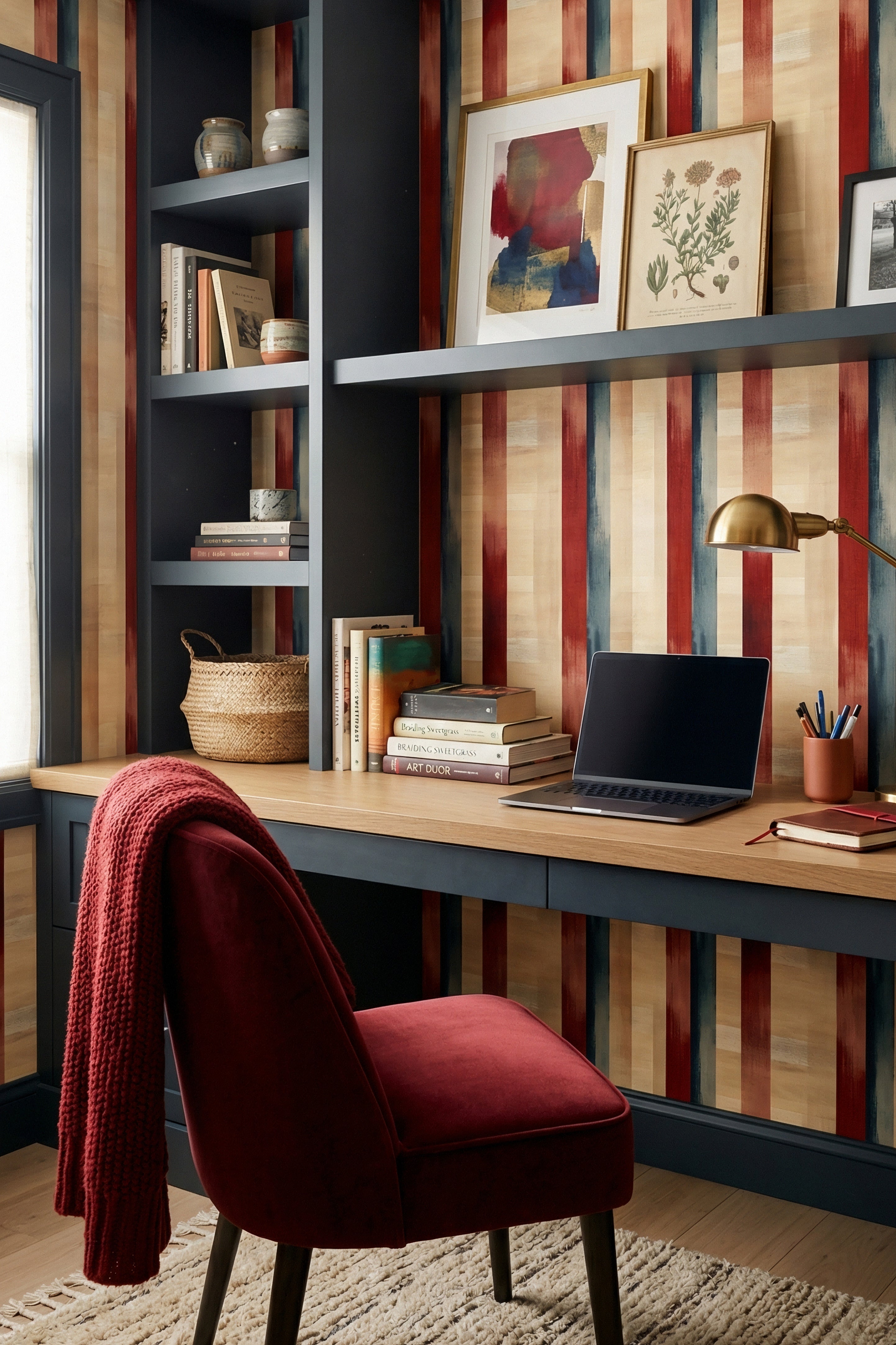 Canyon Stripe wallpaper shown in a home office