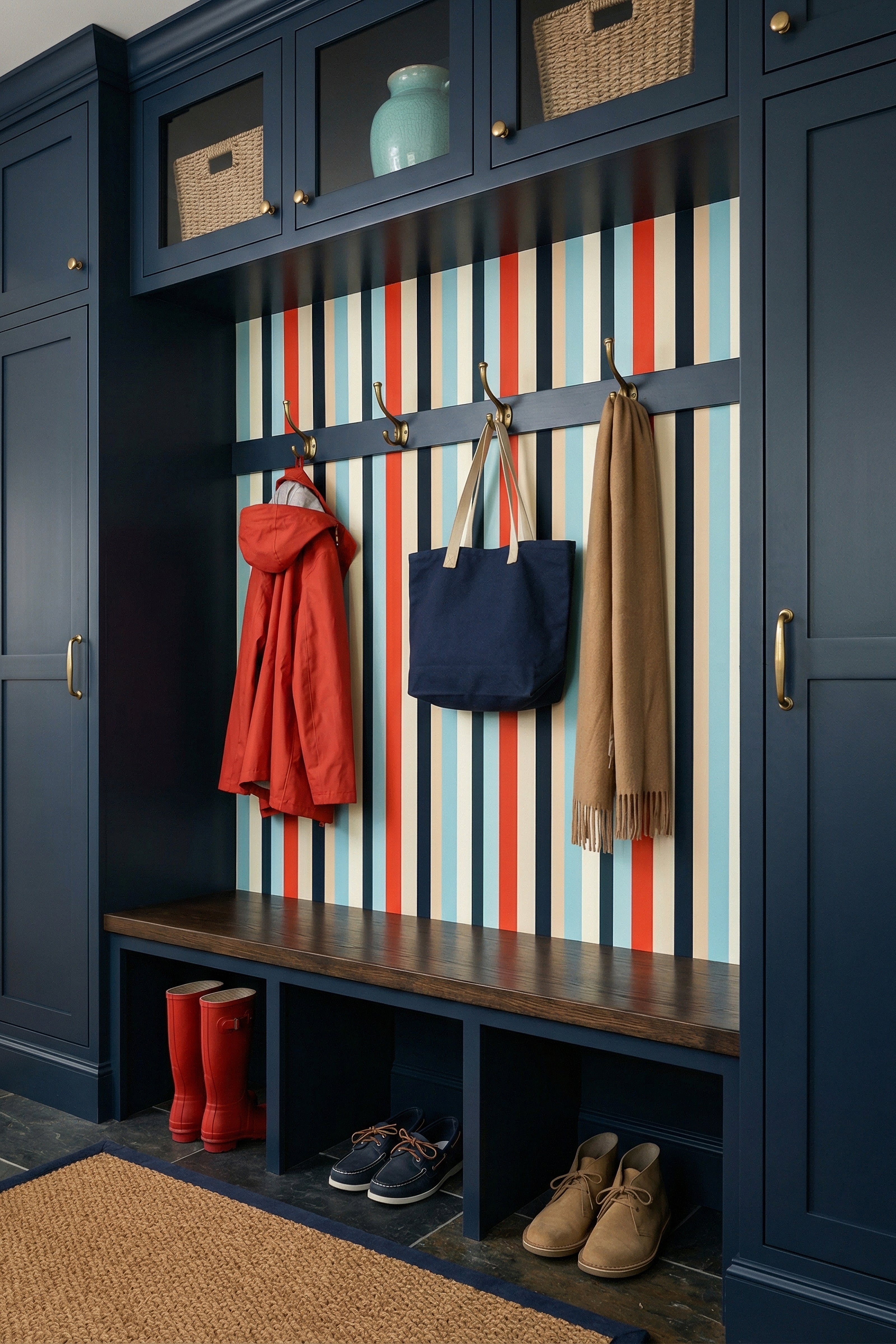 Regatta wallpaper shown in a mudroom