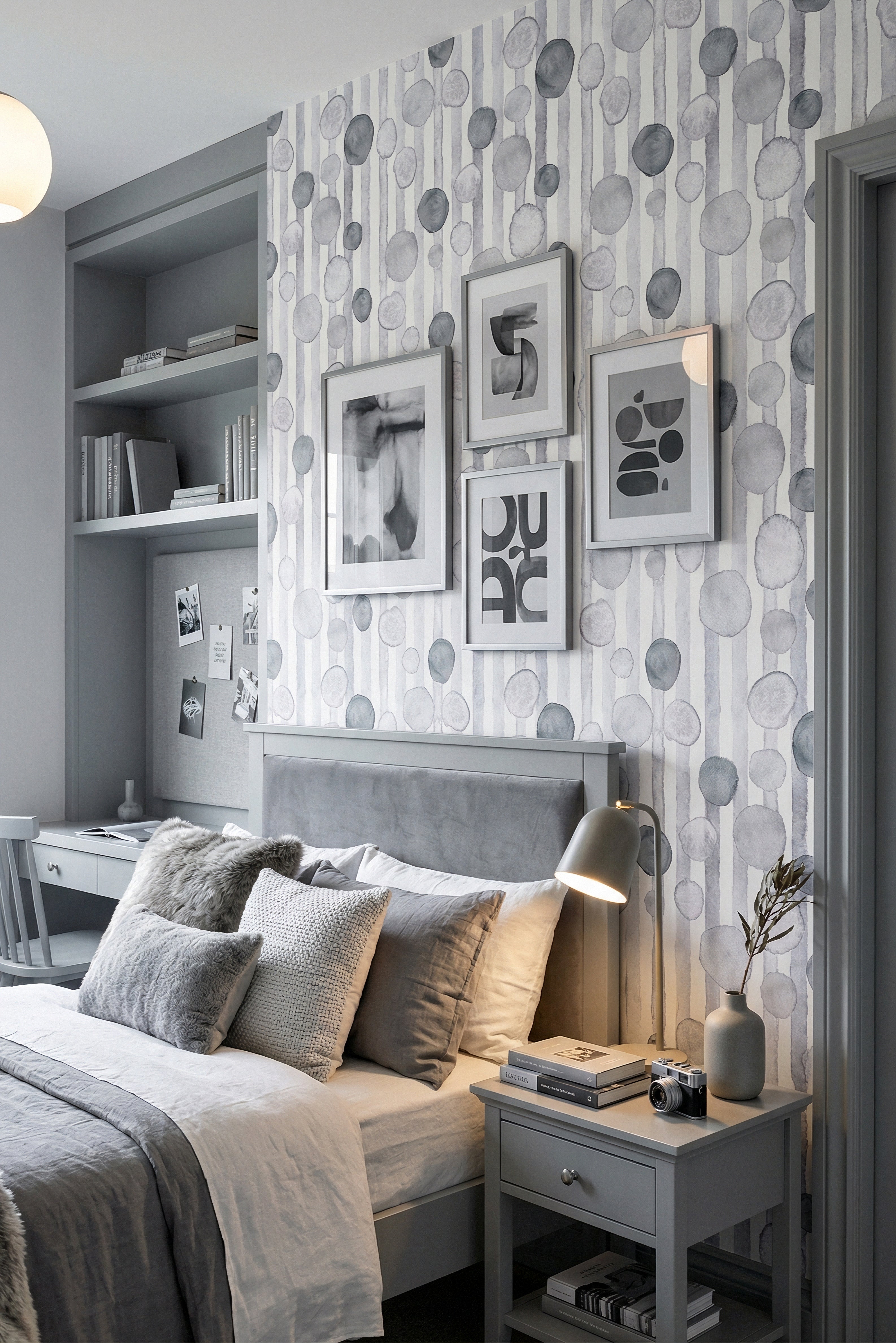 Pebble Dot wallpaper shown in a bedroom