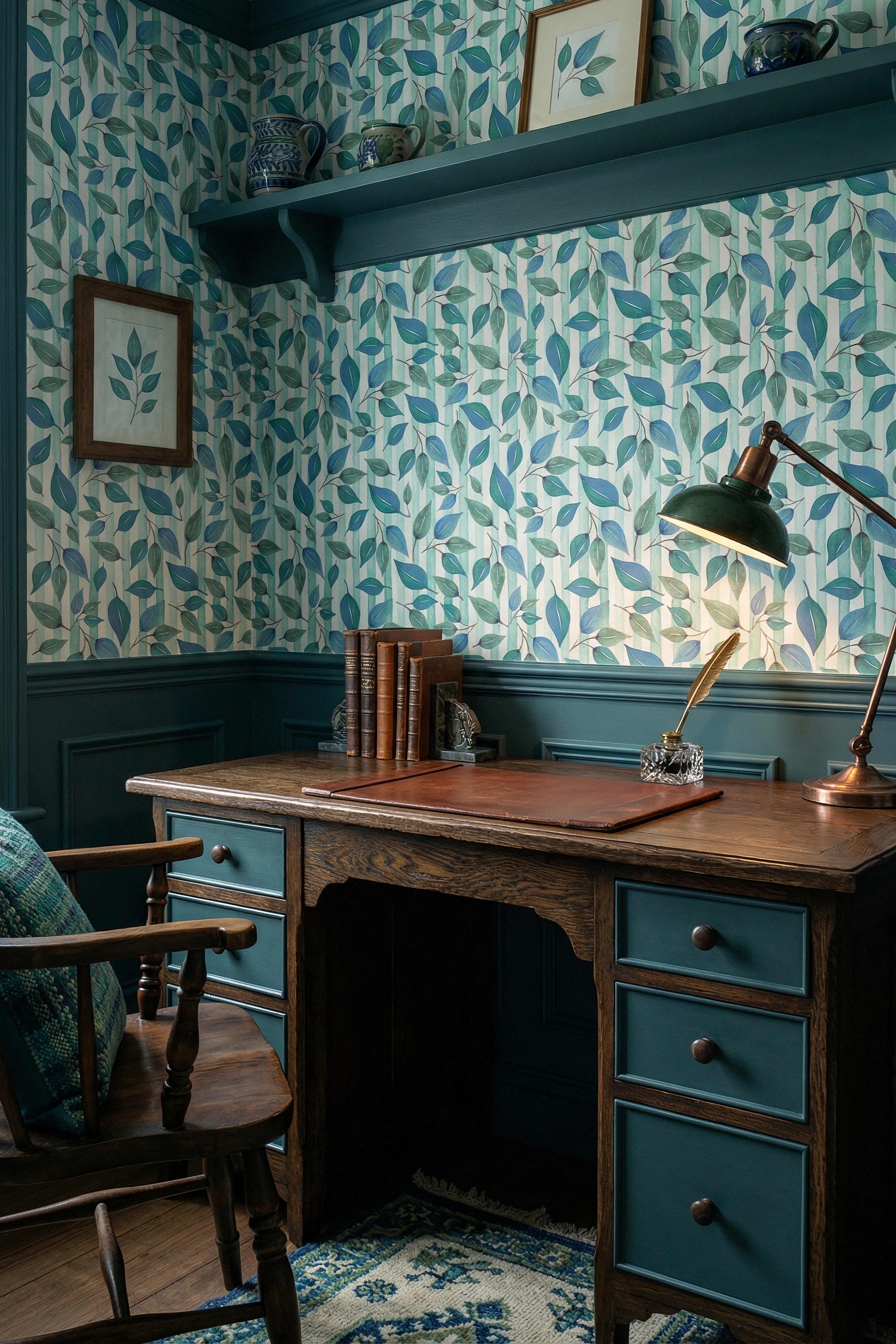 Folk Ribbon wallpaper shown in a home office