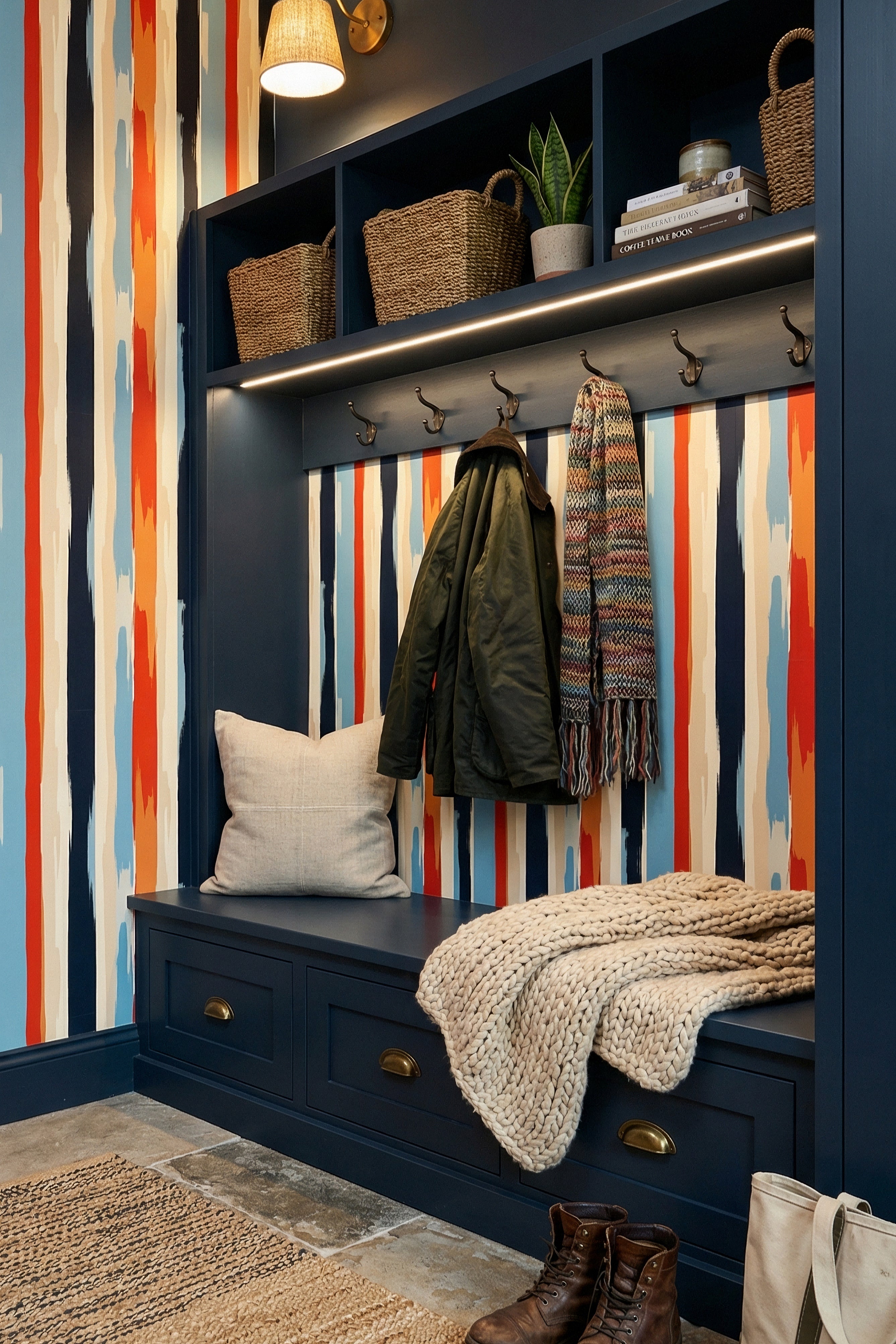 Painter's Stripe wallpaper shown in a mudroom