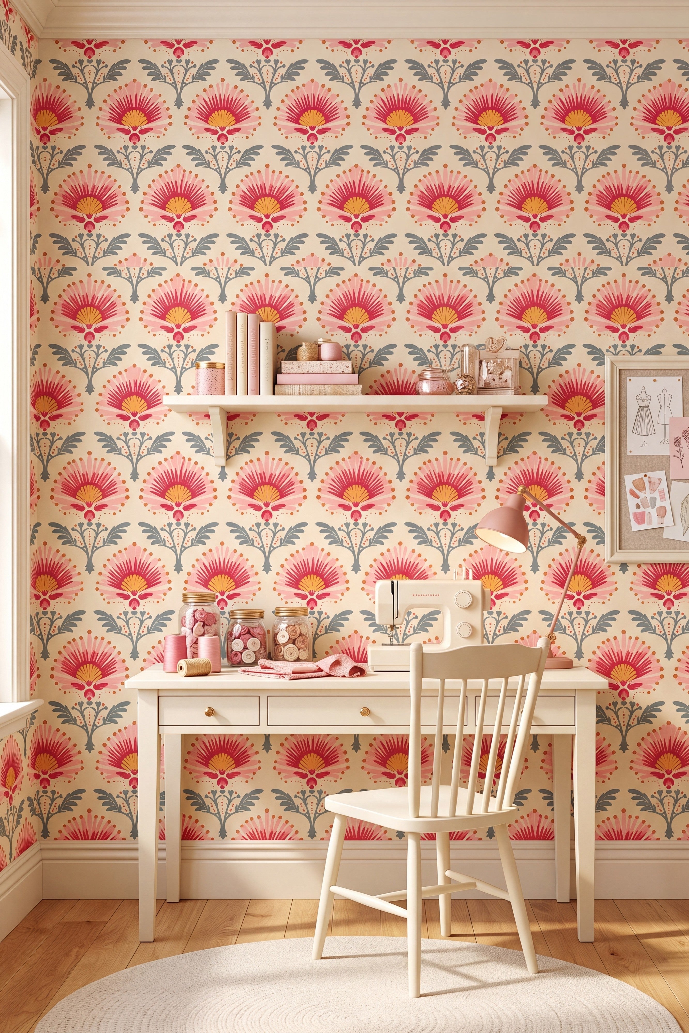 Prairie Rose wallpaper shown in a home office