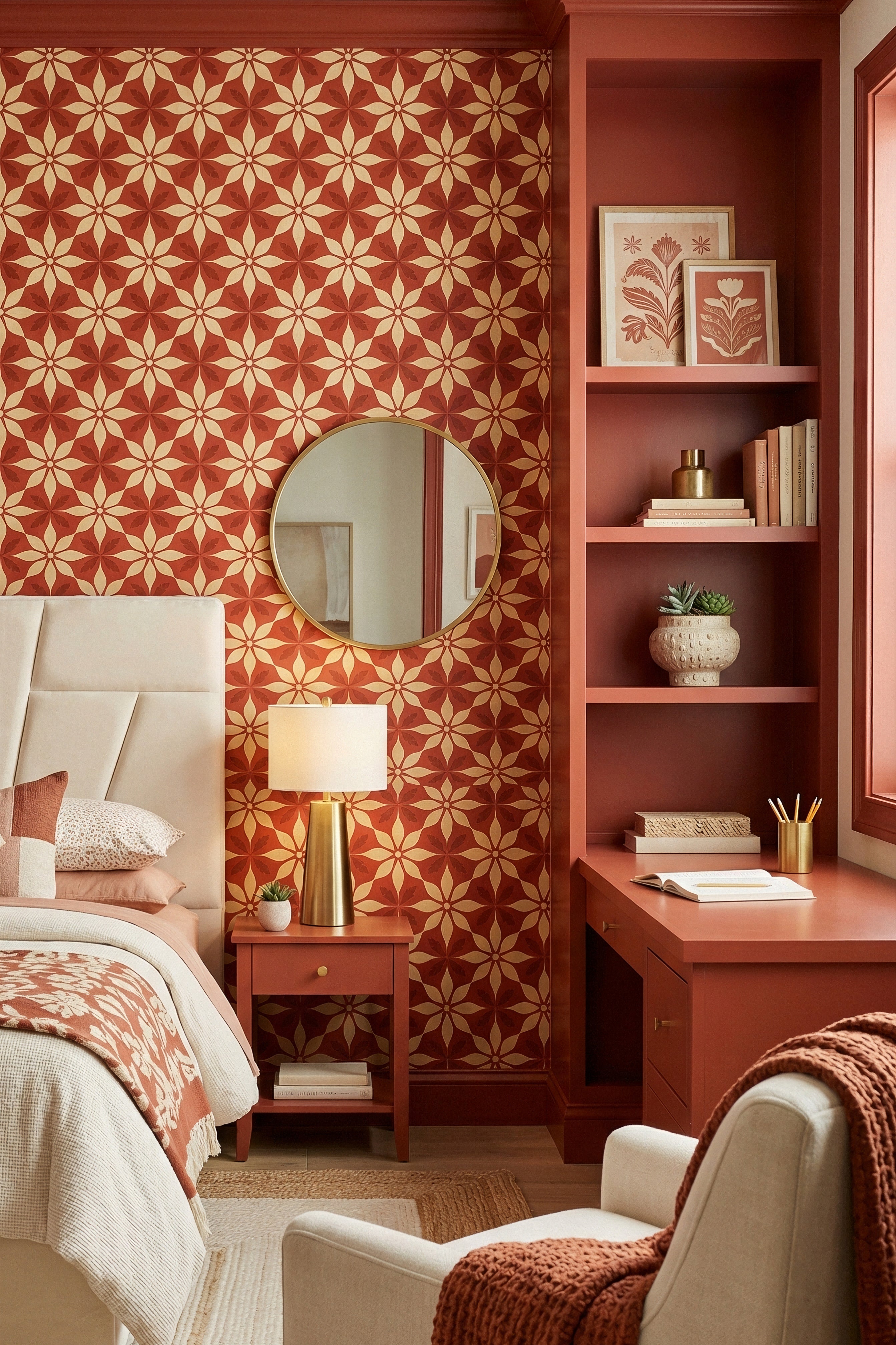 Amalfi Bloom wallpaper shown in a bedroom