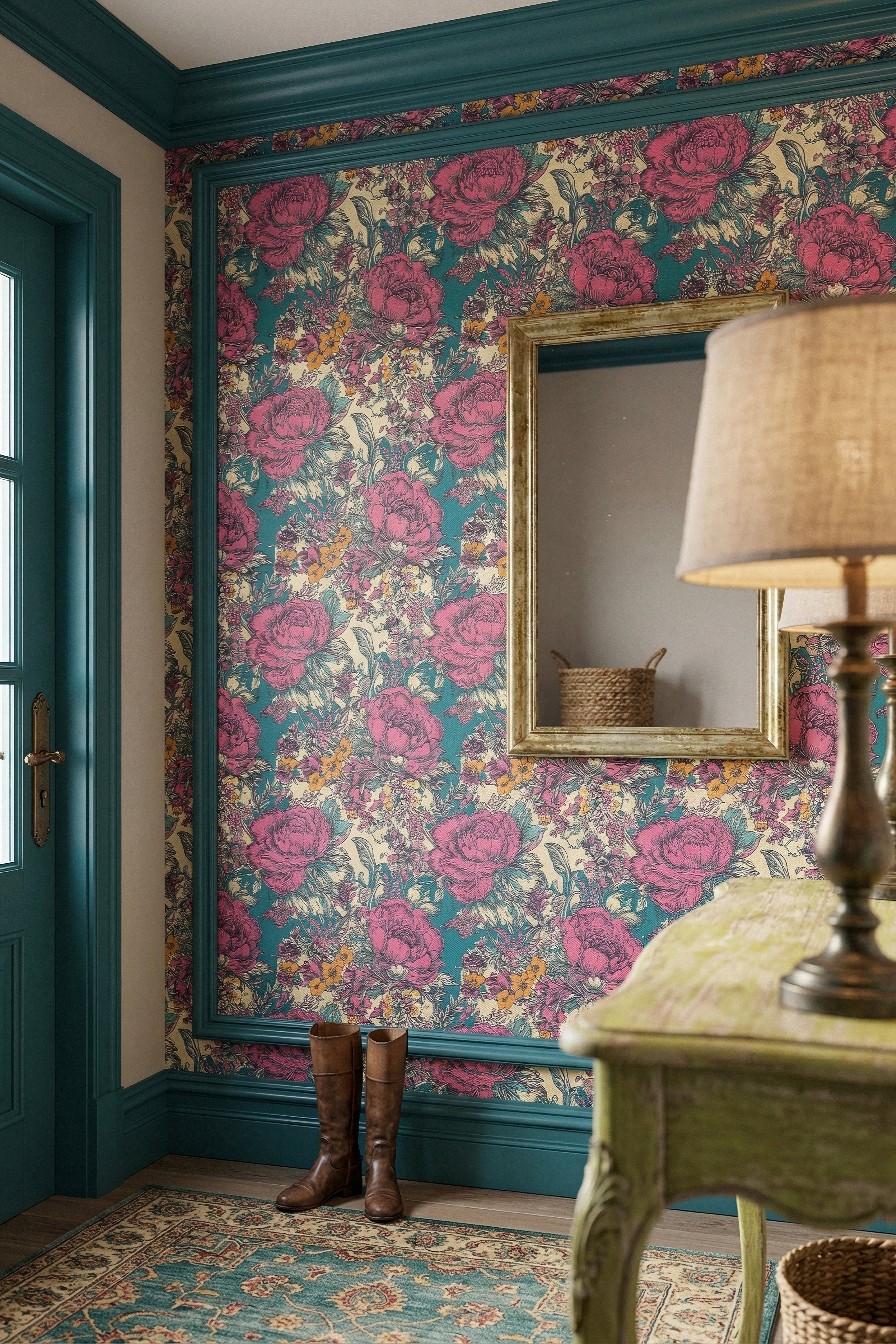 Provence Peony wallpaper shown in an entryway