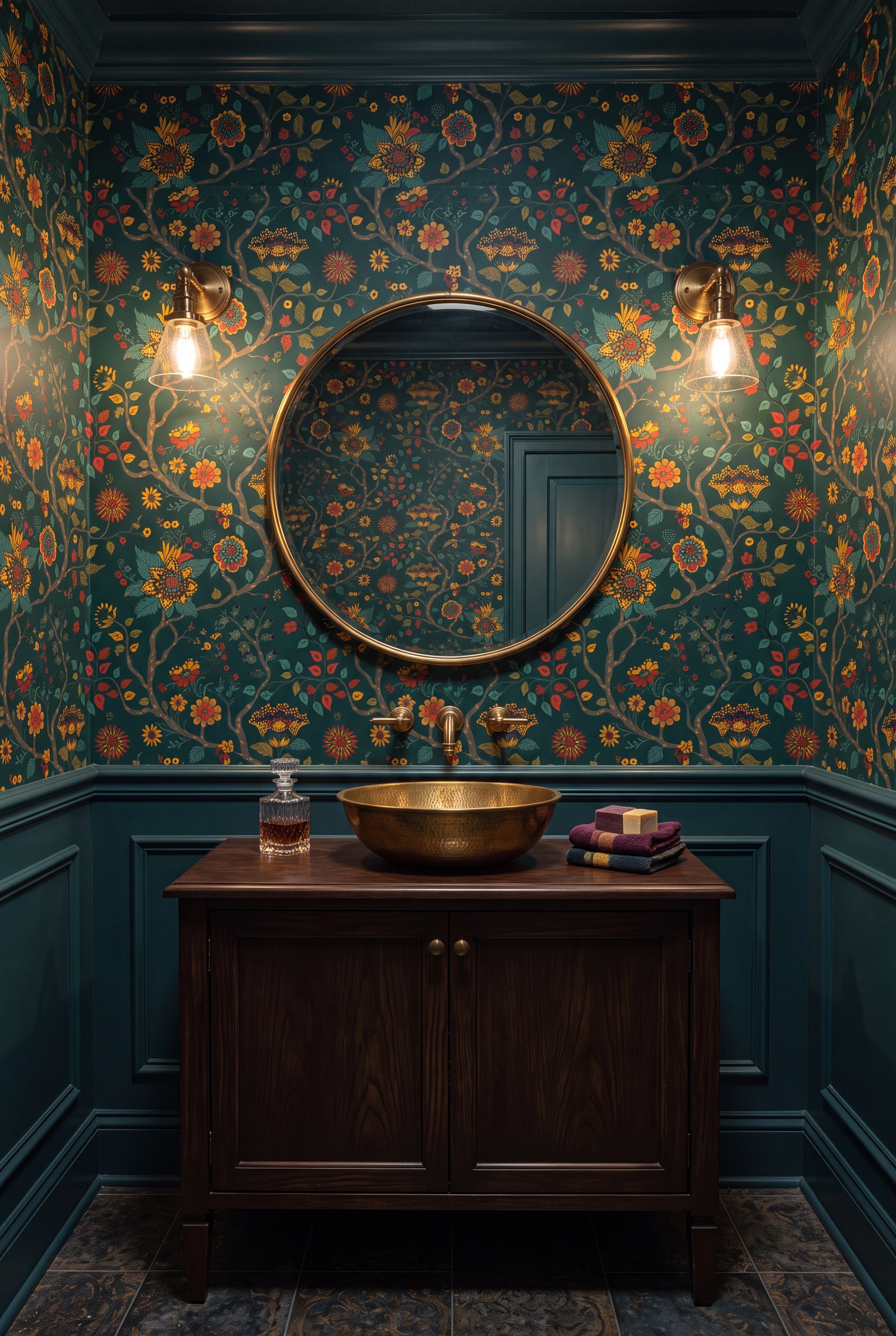 Evergreen Folk wallpaper shown in a powder room