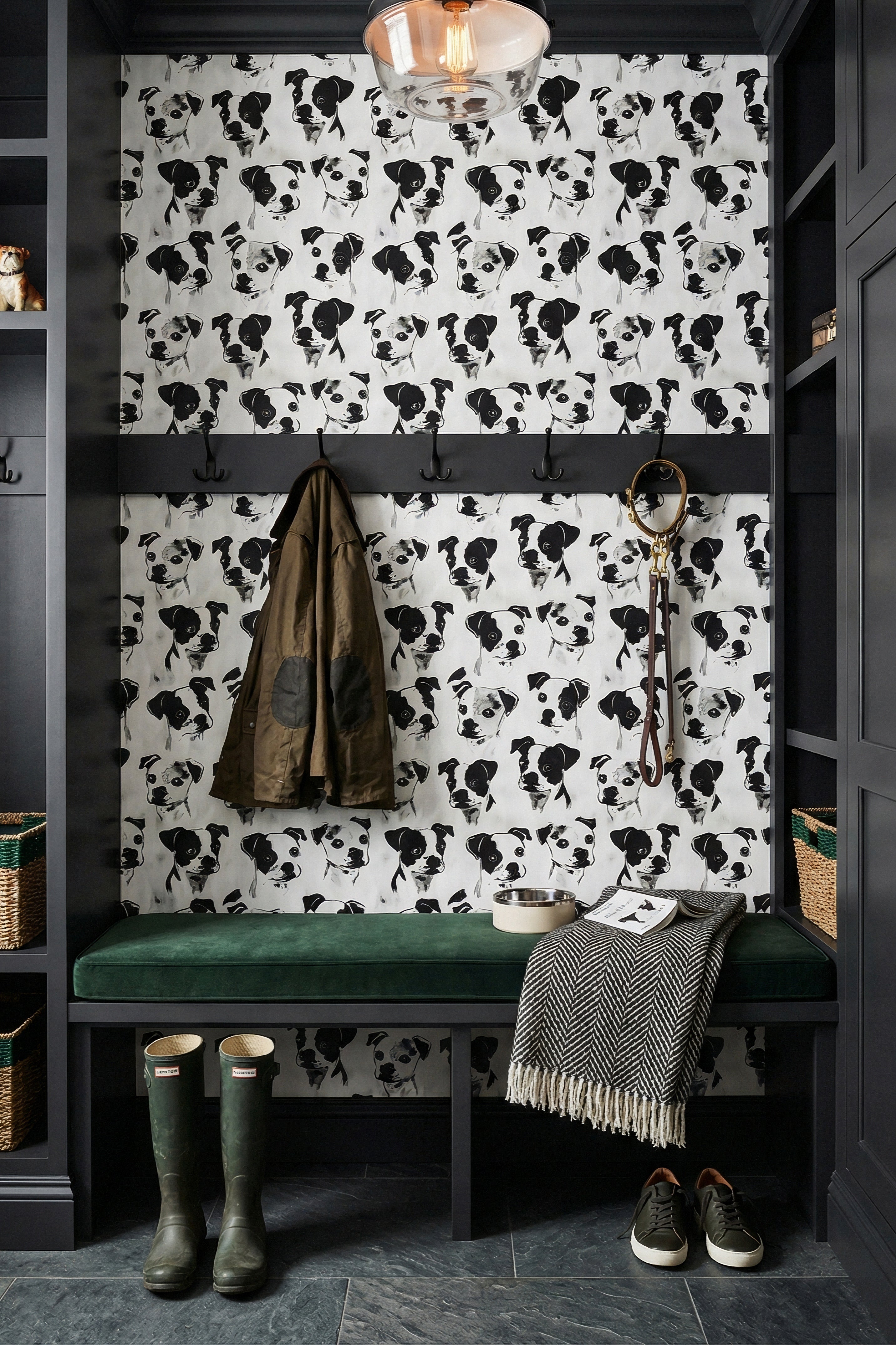 Pup Culture wallpaper shown in a mudroom
