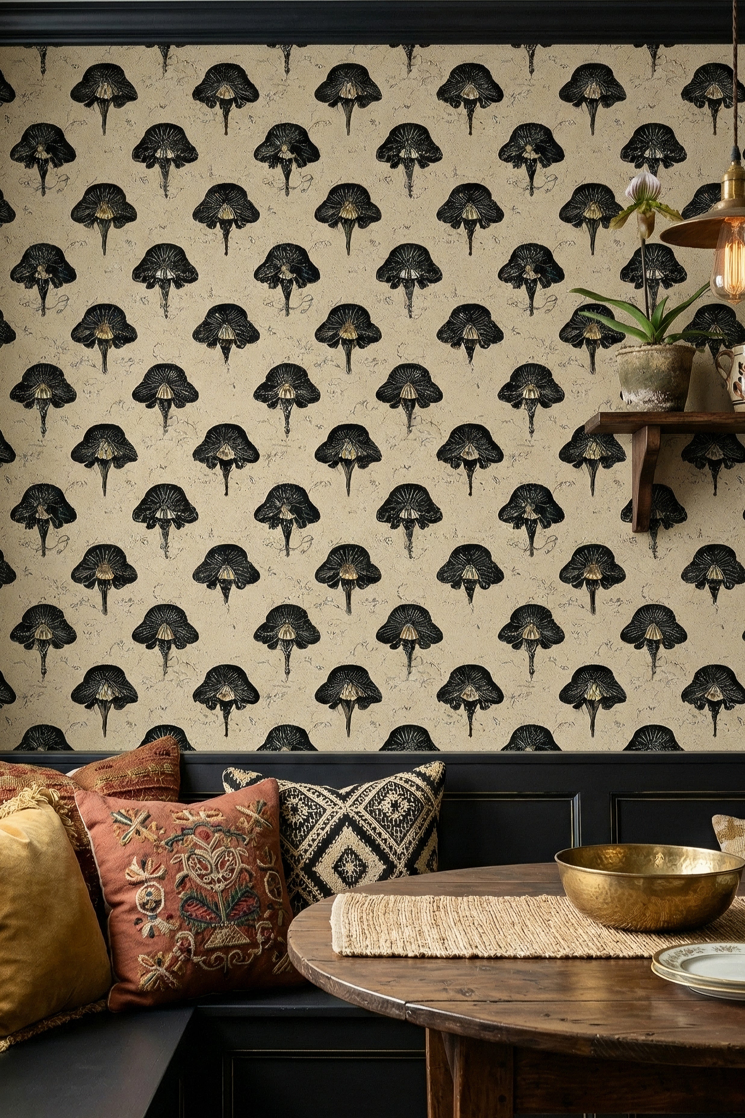 Black Truffle wallpaper shown in a cozy nook