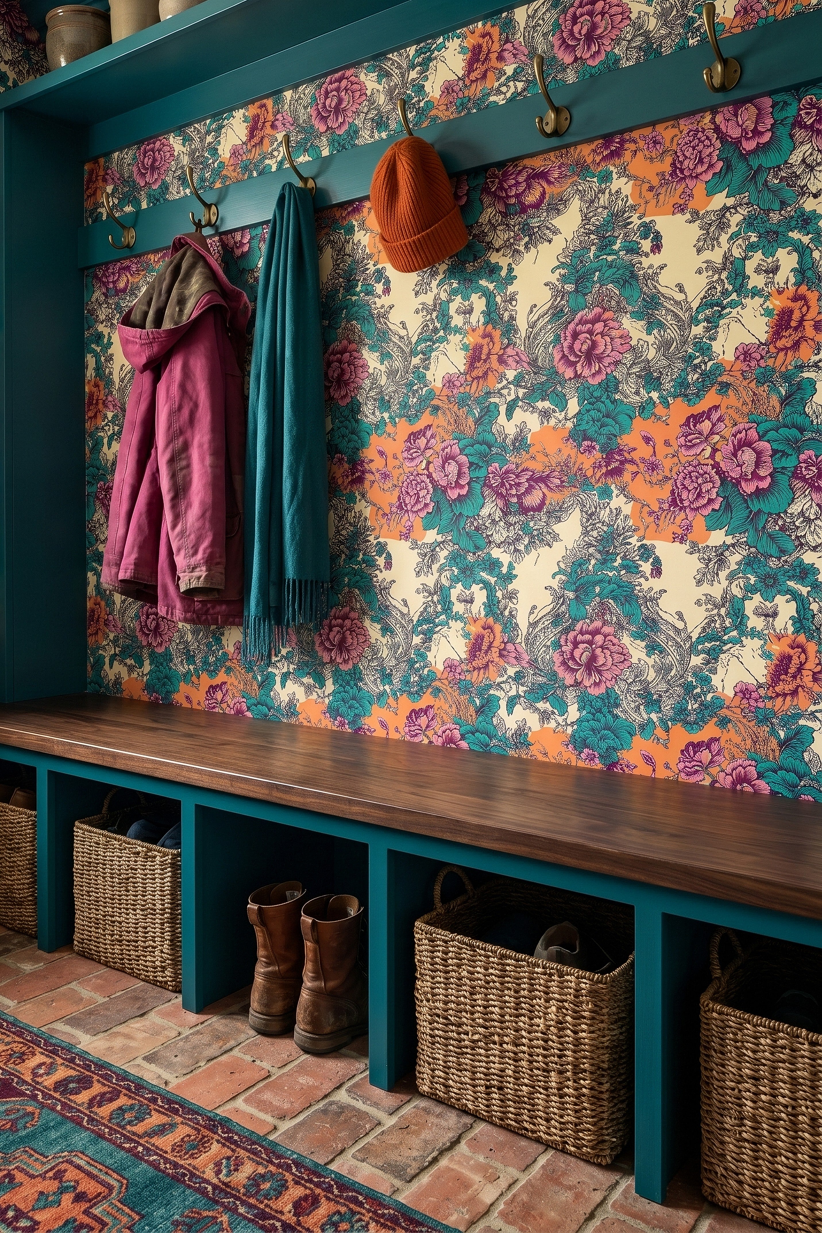 Rococo Coral wallpaper shown in a mudroom