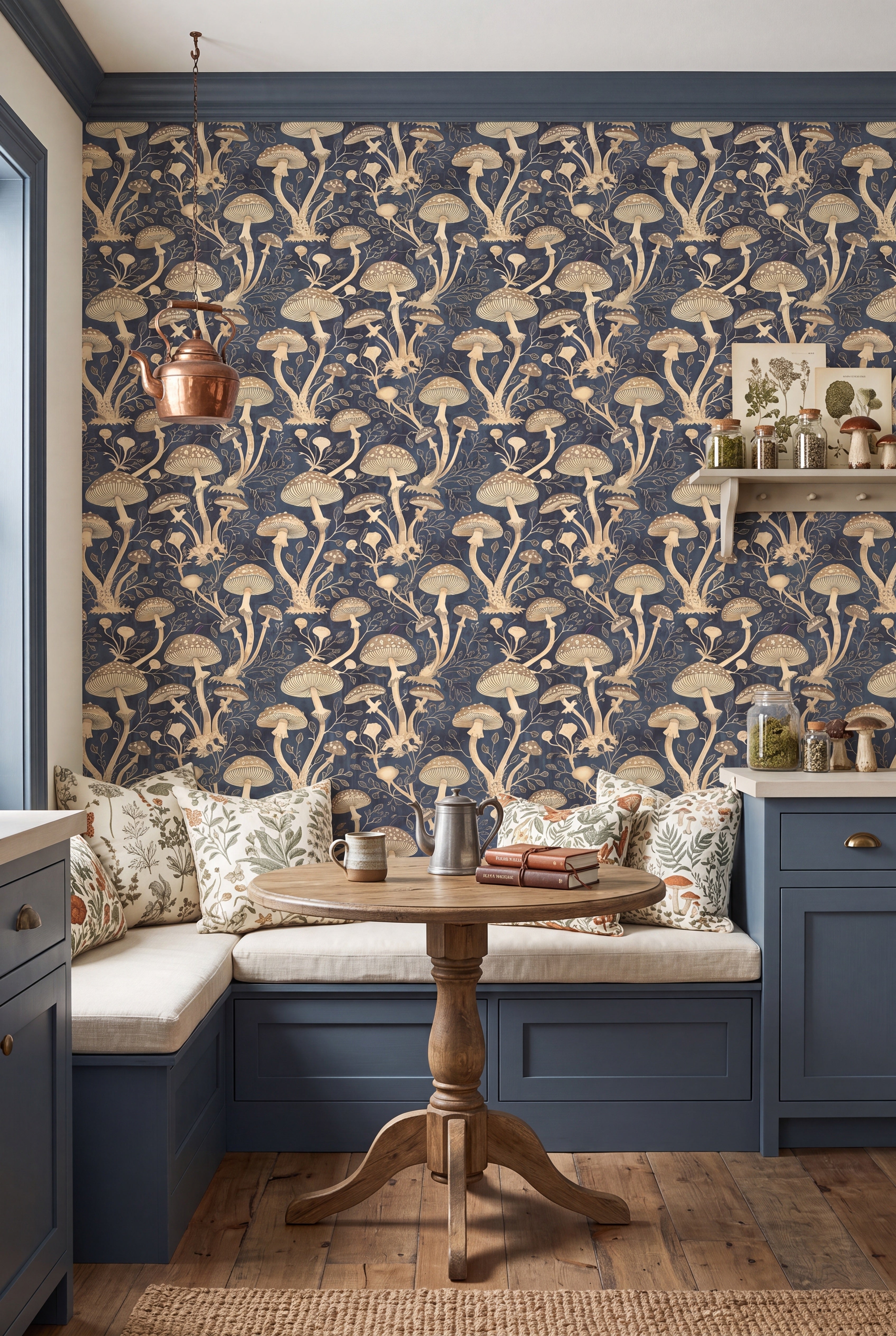 Champignon wallpaper shown in a cozy nook