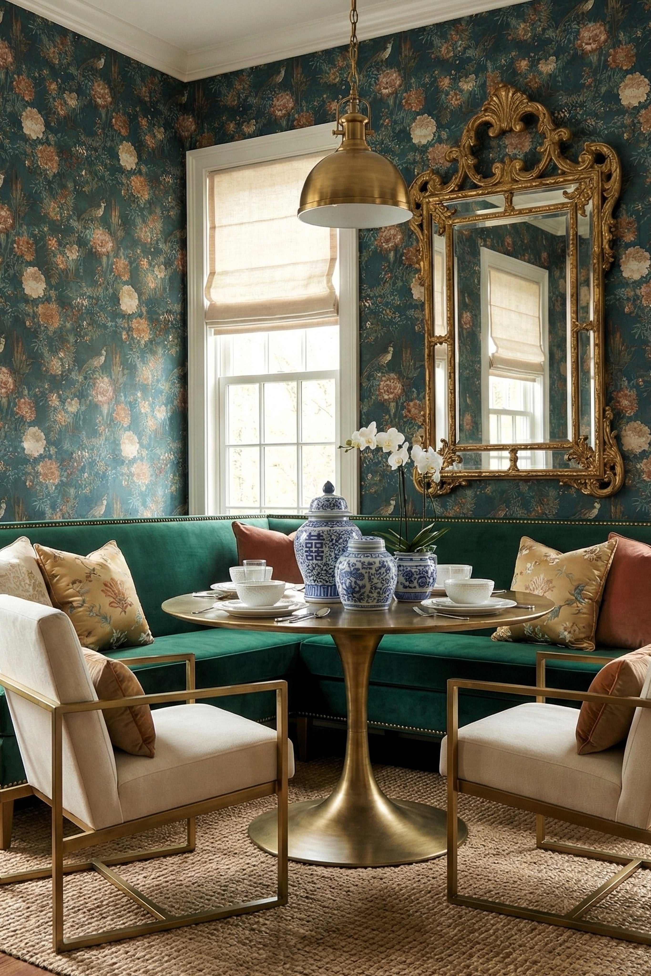 Teal Aviary wallpaper shown in a cozy nook